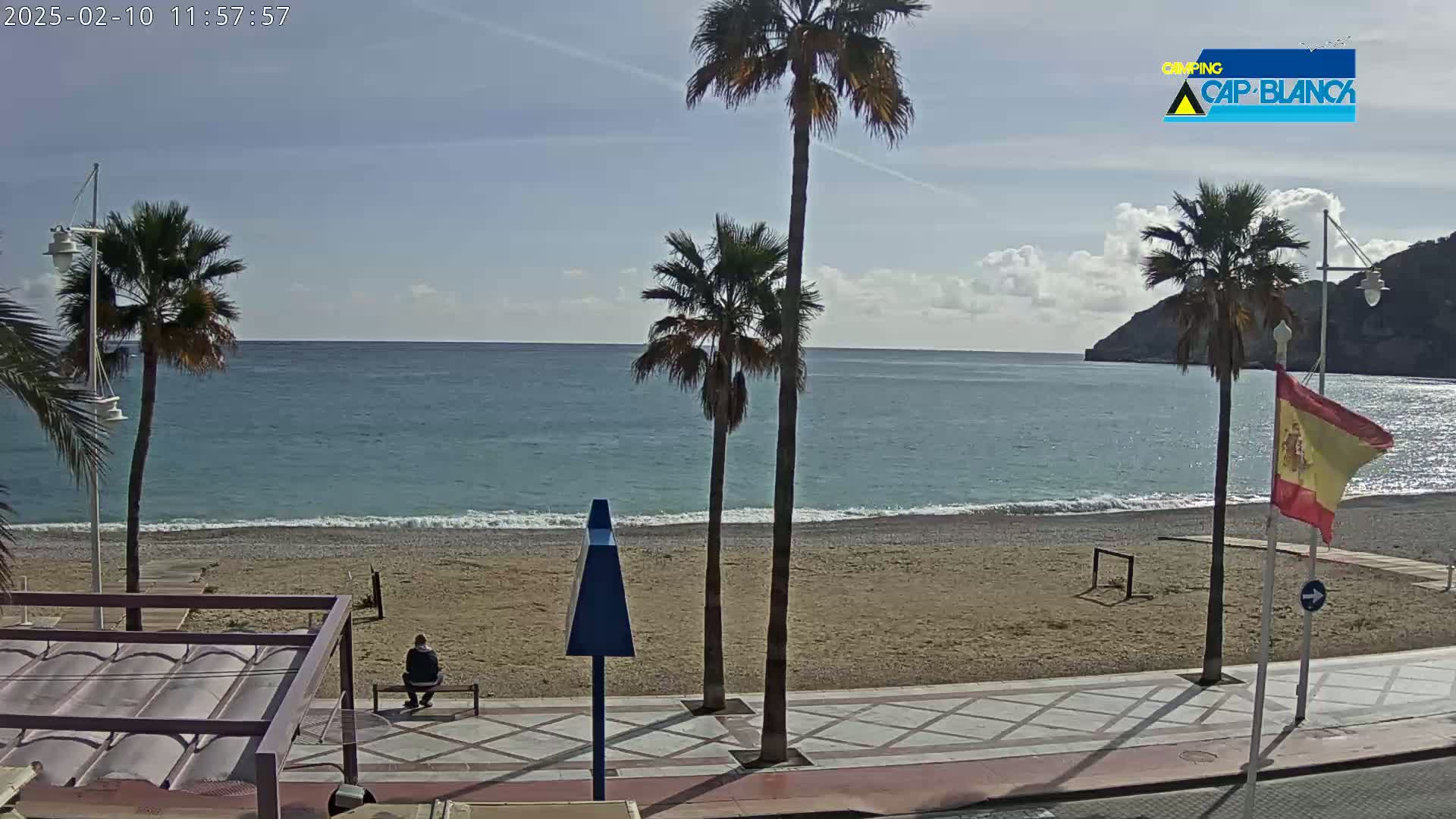 A mostly sunny beach scene shows a sandy beach with calm, blue water, palm trees, and a person sitting on a bench.