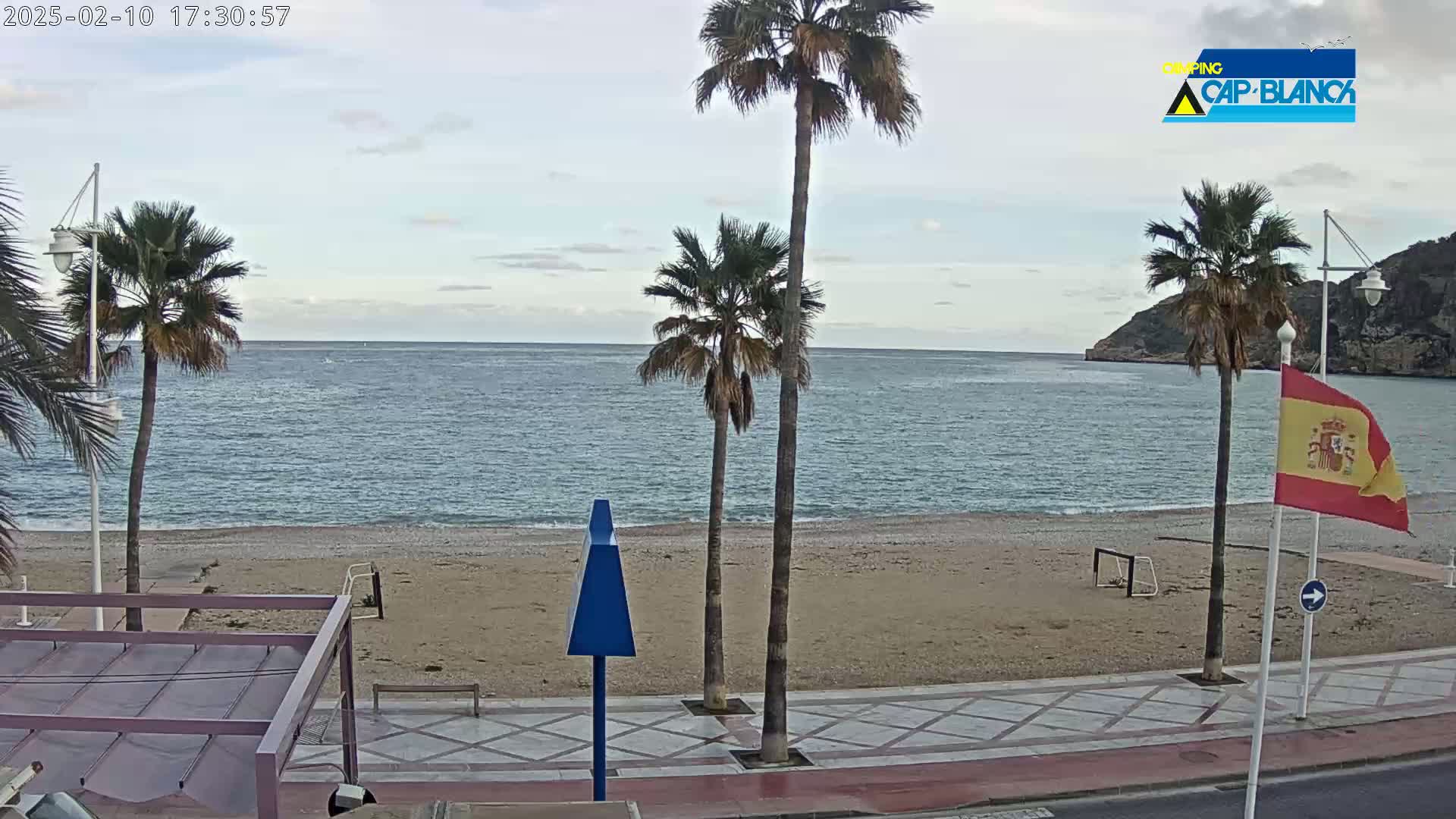 A sandy beach with palm trees and a calm sea under an overcast sky is seen from a boardwalk.