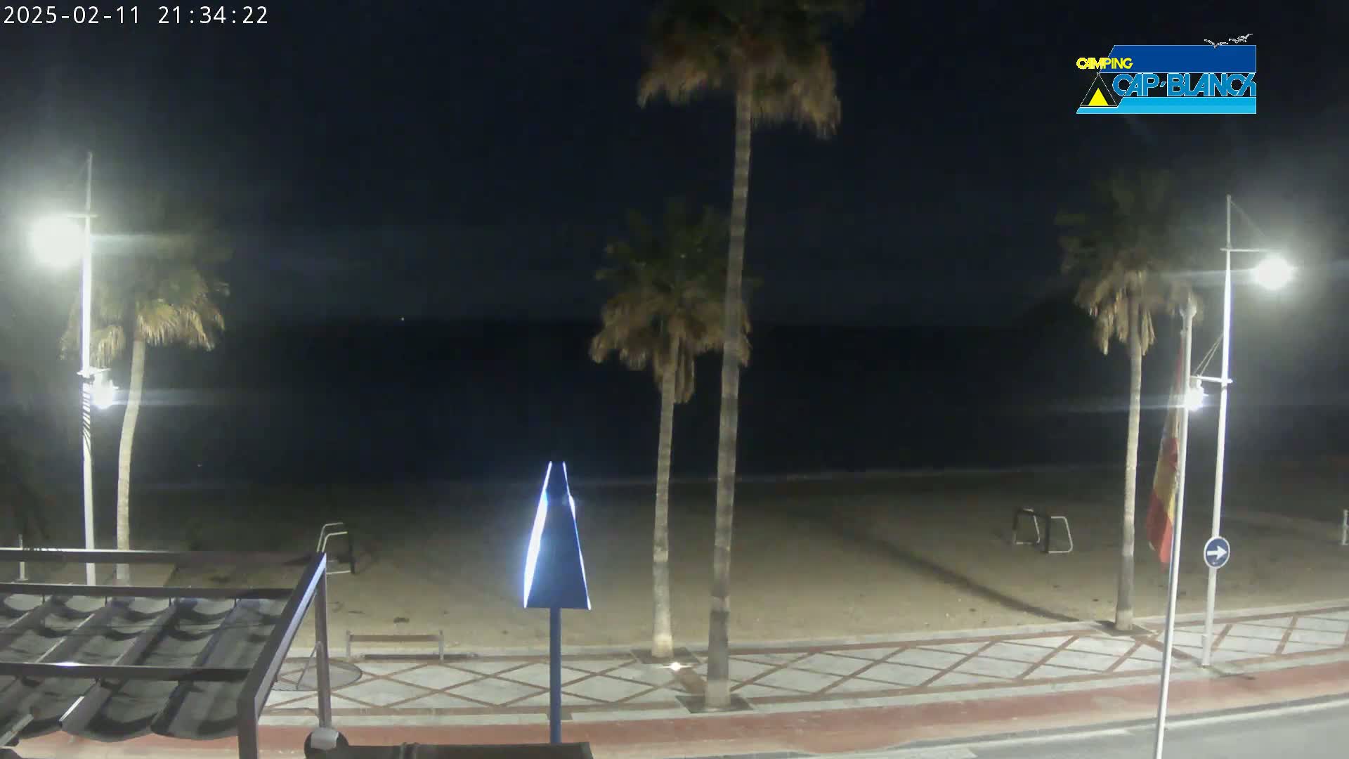 A nighttime view of a mostly empty sandy beach with palm trees, streetlights, and a partially visible structure under a dark sky.