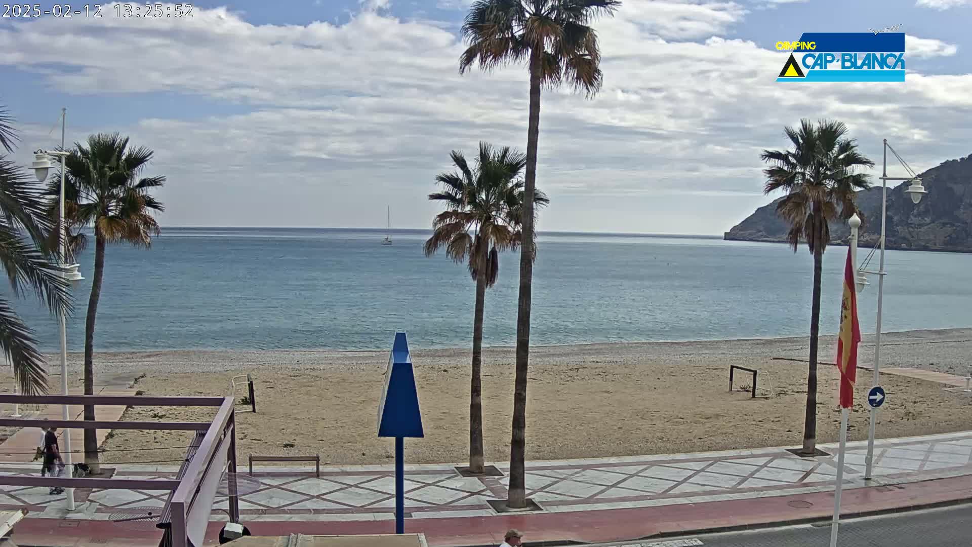 A sandy beach with palm trees lines a paved walkway next to a calm, blue ocean under a partly cloudy sky.