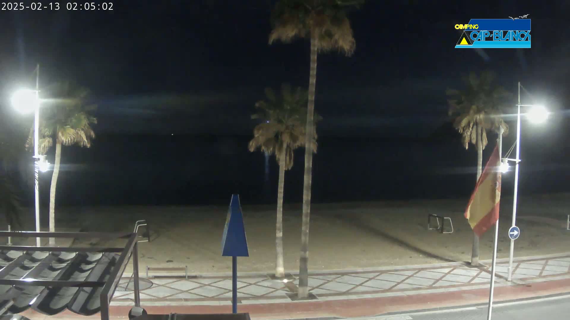 A nighttime view of a sandy beach with palm trees, streetlights, and a paved walkway.