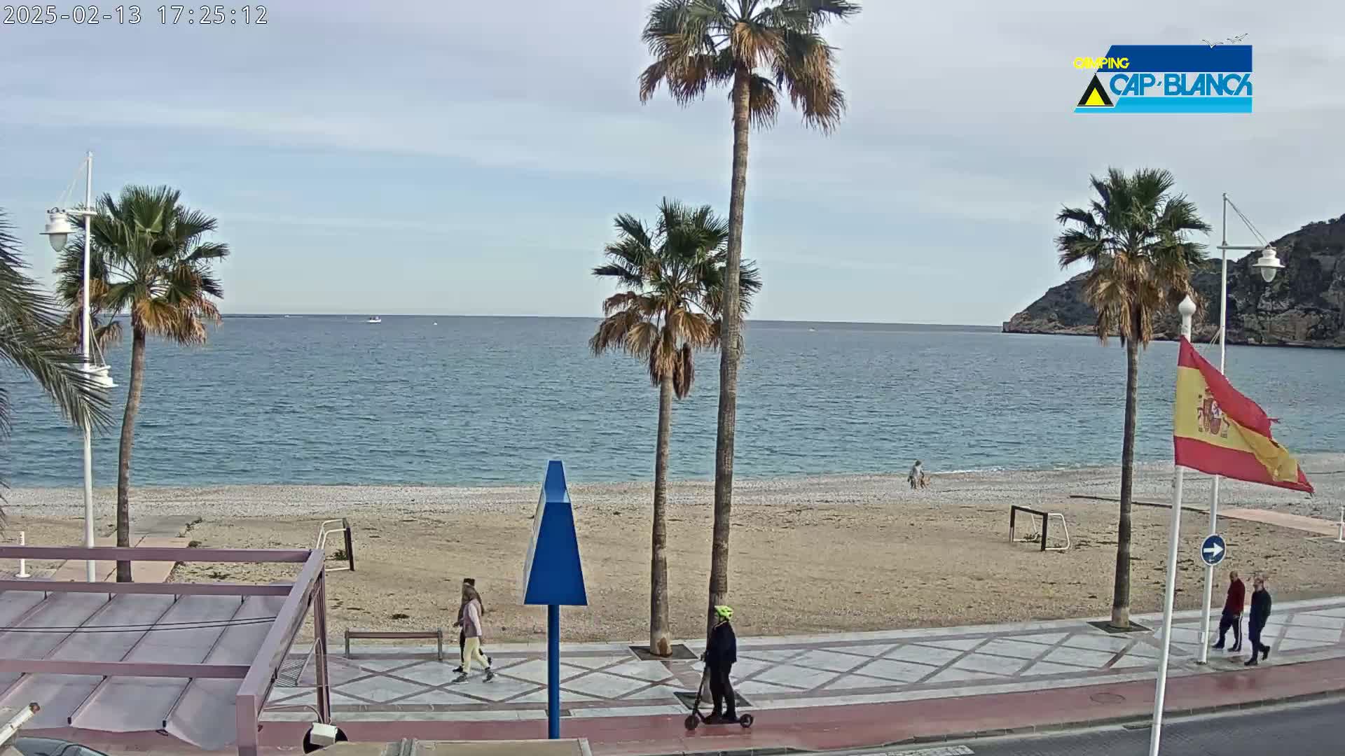 A sandy beach with calm blue water, palm trees, and several people walking along a paved path on a partly sunny day.