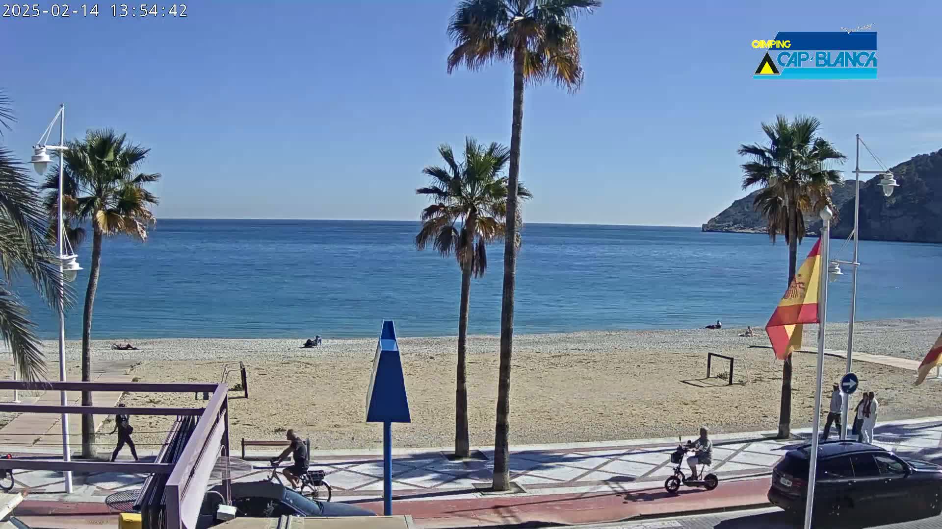 A sandy beach with palm trees and a calm blue sea under a clear sunny sky is shown, with several people strolling along the promenade and a few others on the beach.
