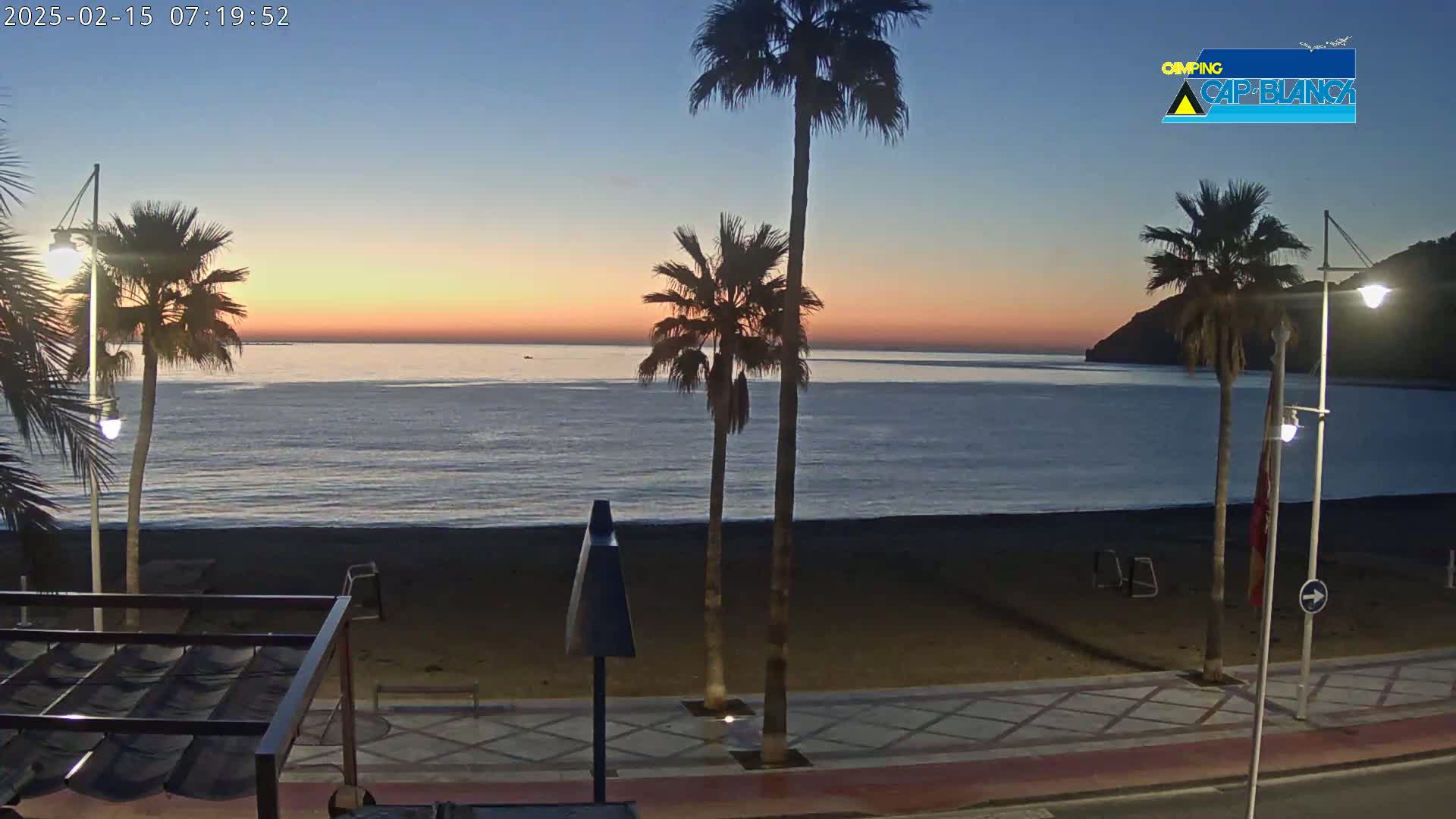 A calm, twilight ocean scene is visible from a beachfront promenade lined with palm trees and streetlights.