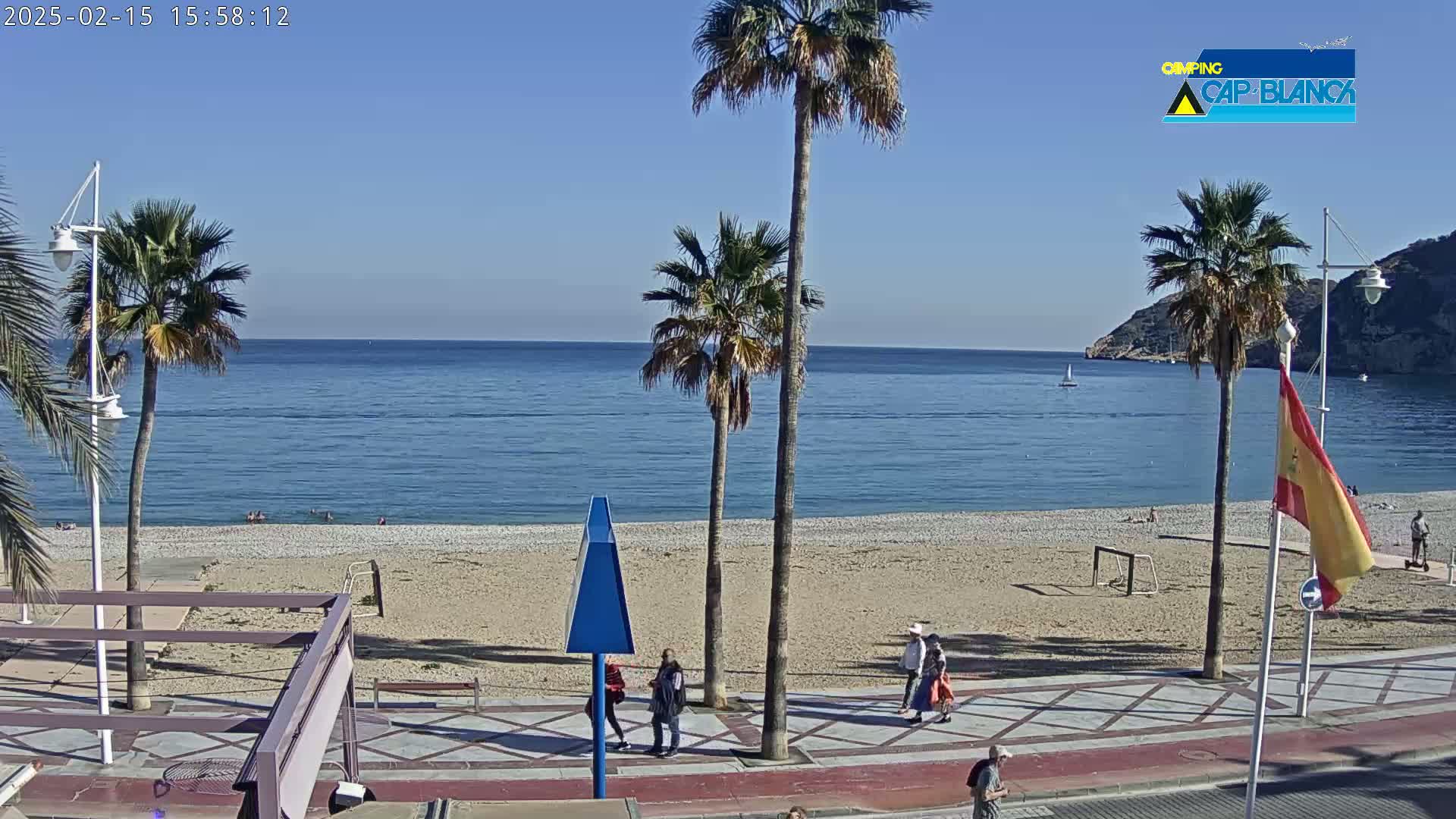 A sandy beach with palm trees and several people walking along a paved walkway next to a calm, blue sea on a sunny day.