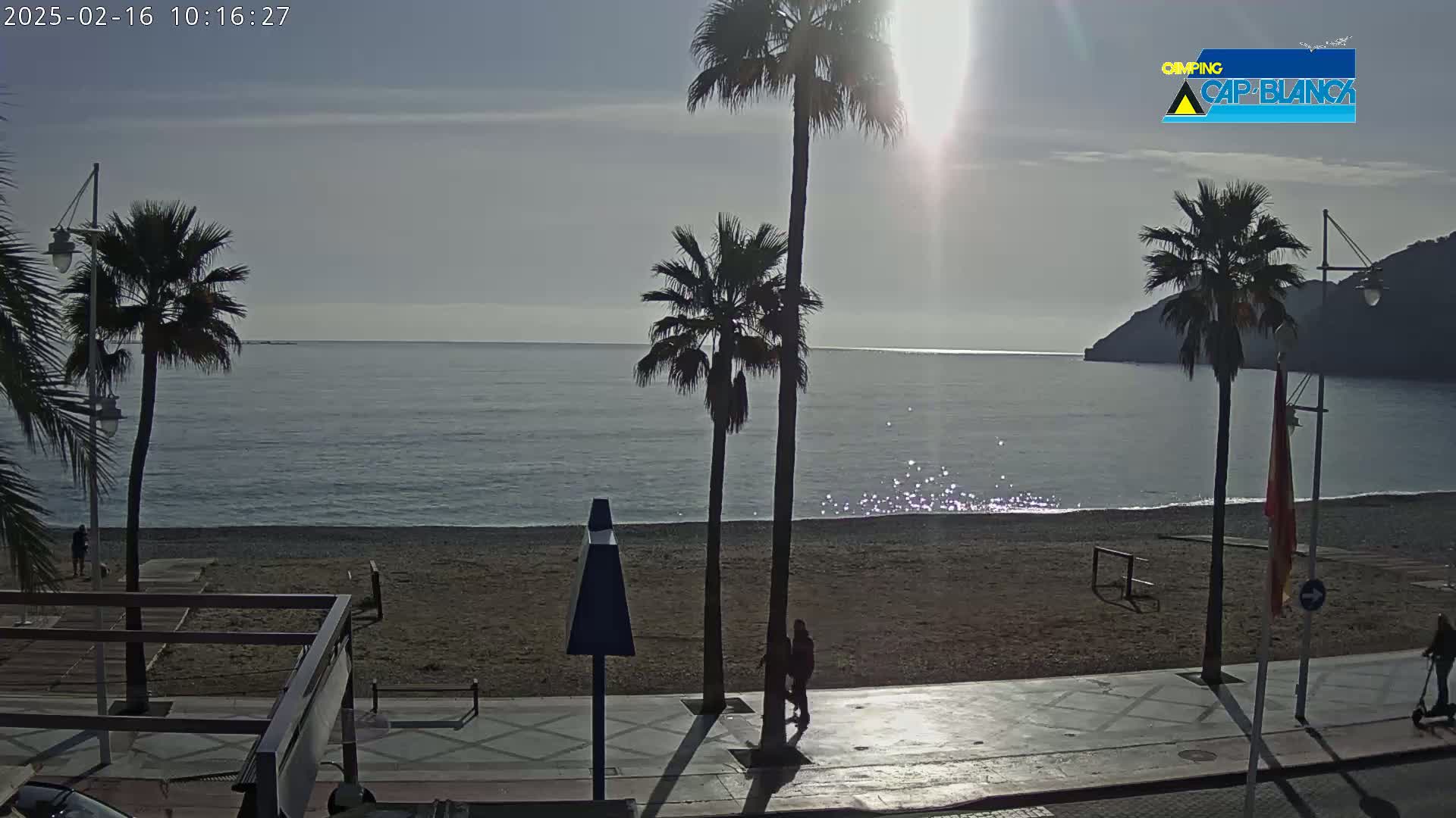 A beach scene on a partly sunny day shows a calm ocean, a sandy beach, palm trees, and a few people along a paved walkway.