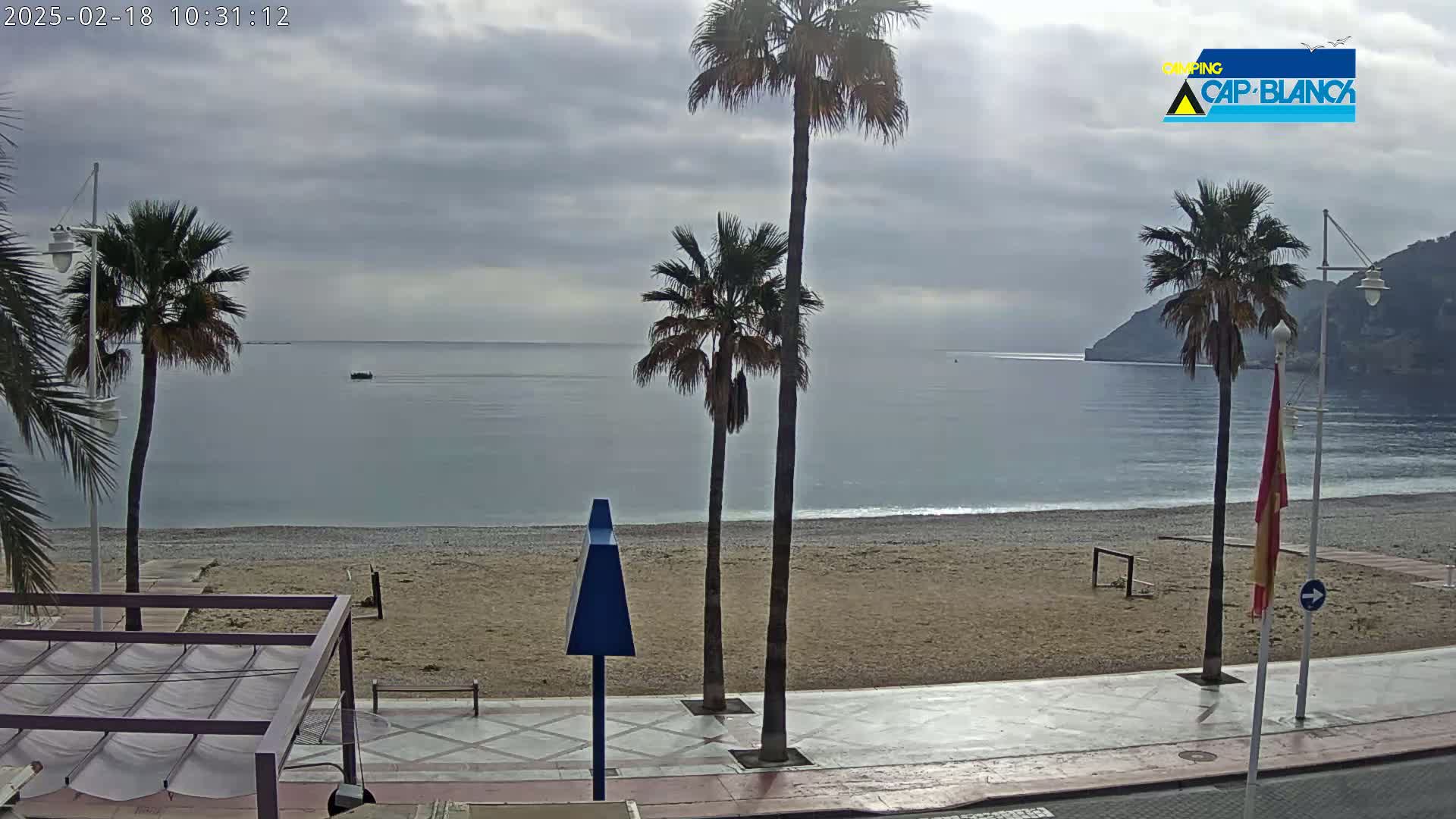 A sandy beach with calm, grey water under a cloudy sky is lined with palm trees and a walkway.
