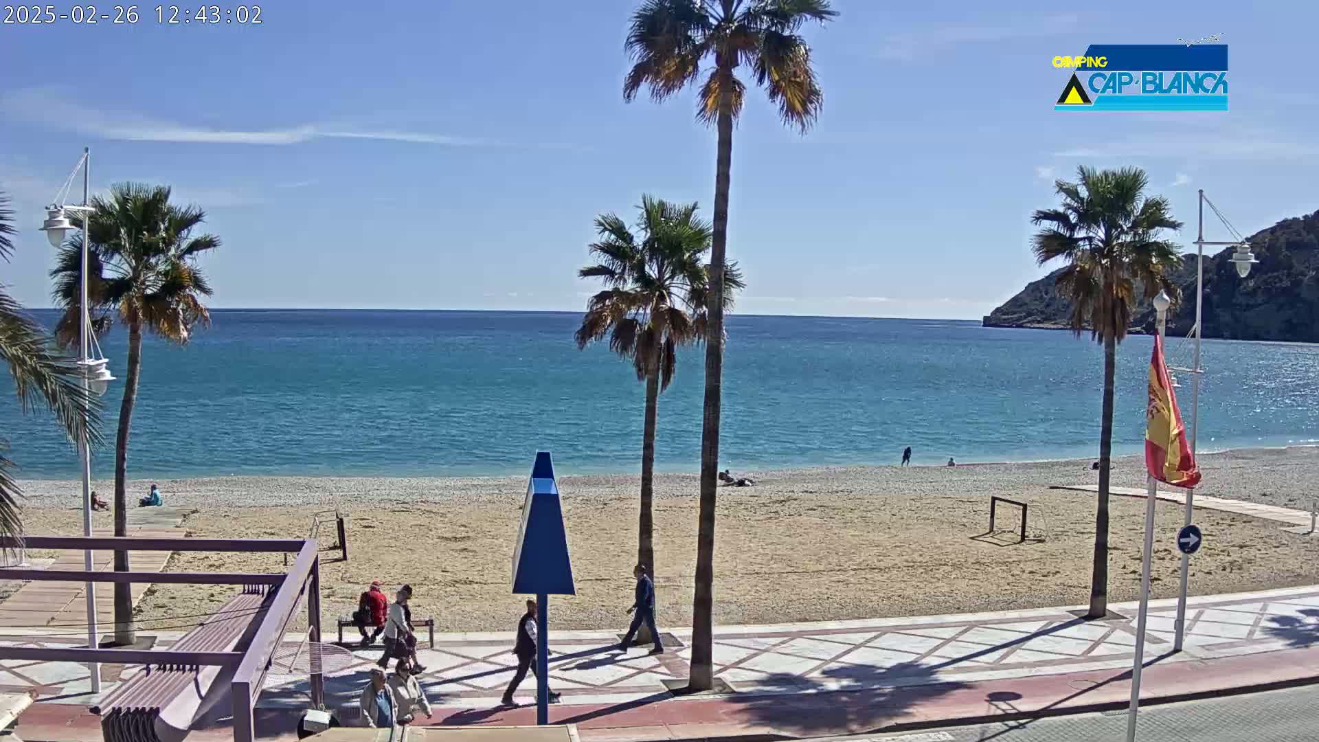 A sunny day at a beach shows calm blue water, a sandy shore with a few people, palm trees, and a paved walkway with more people walking.