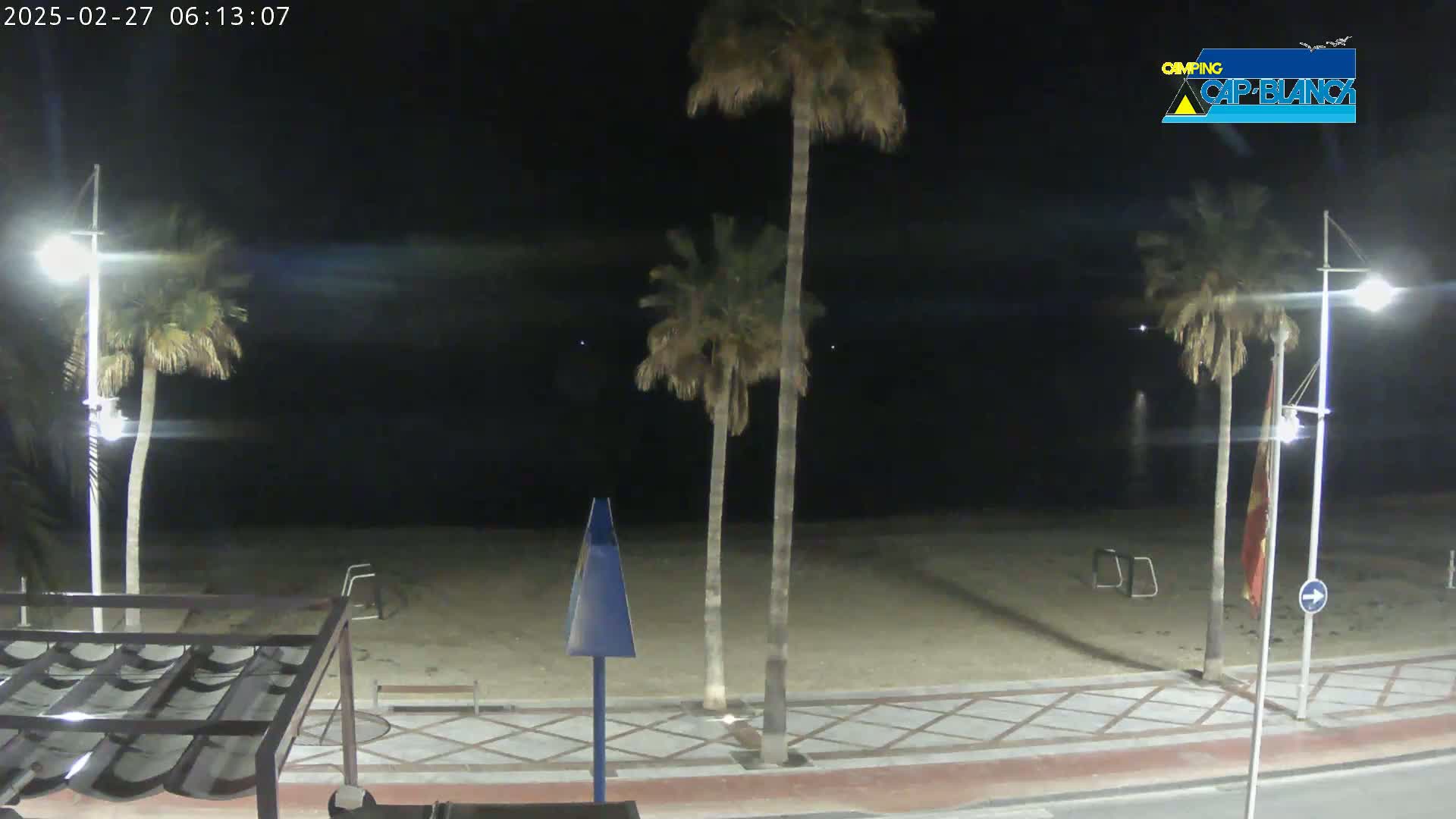 A nighttime view of a sandy beach with palm trees and streetlights along a paved walkway.