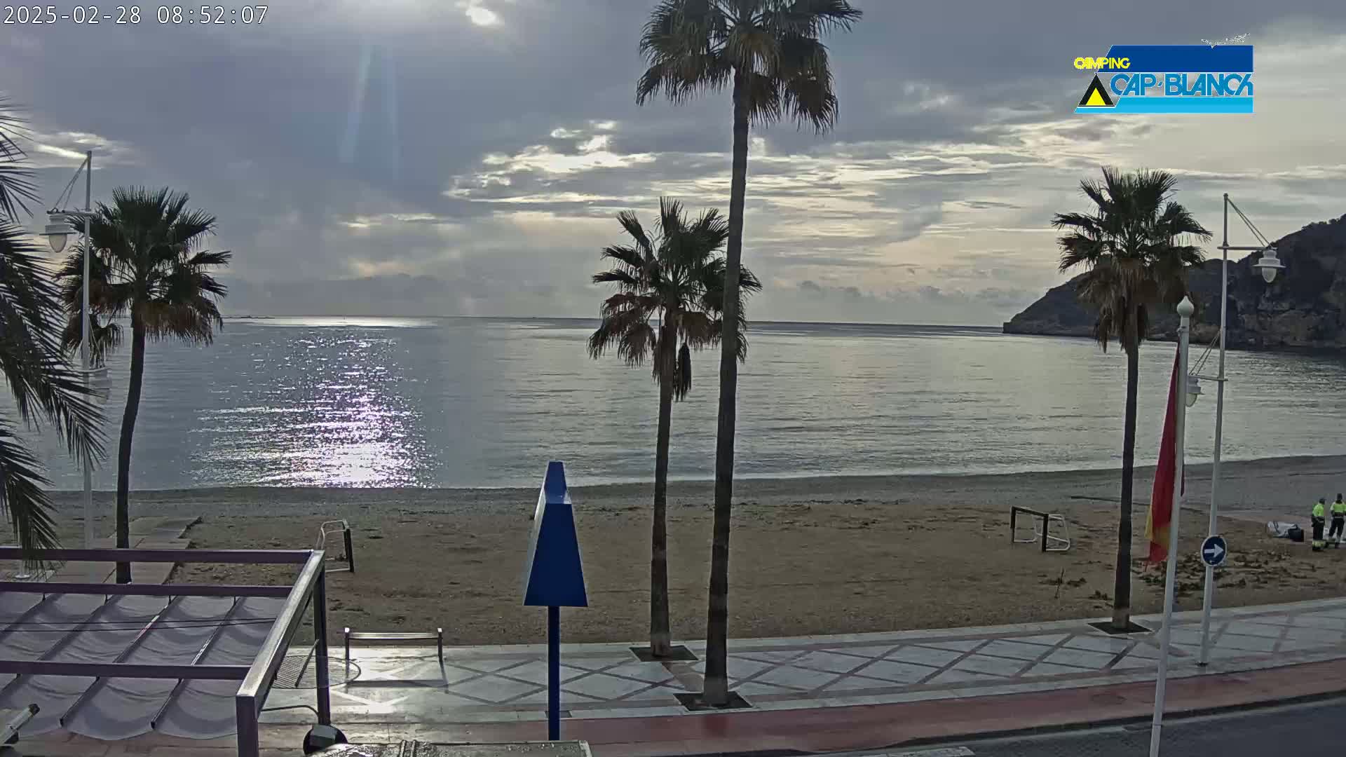 A mostly cloudy day shows a sandy beach with palm trees lining a promenade overlooking a calm sea.