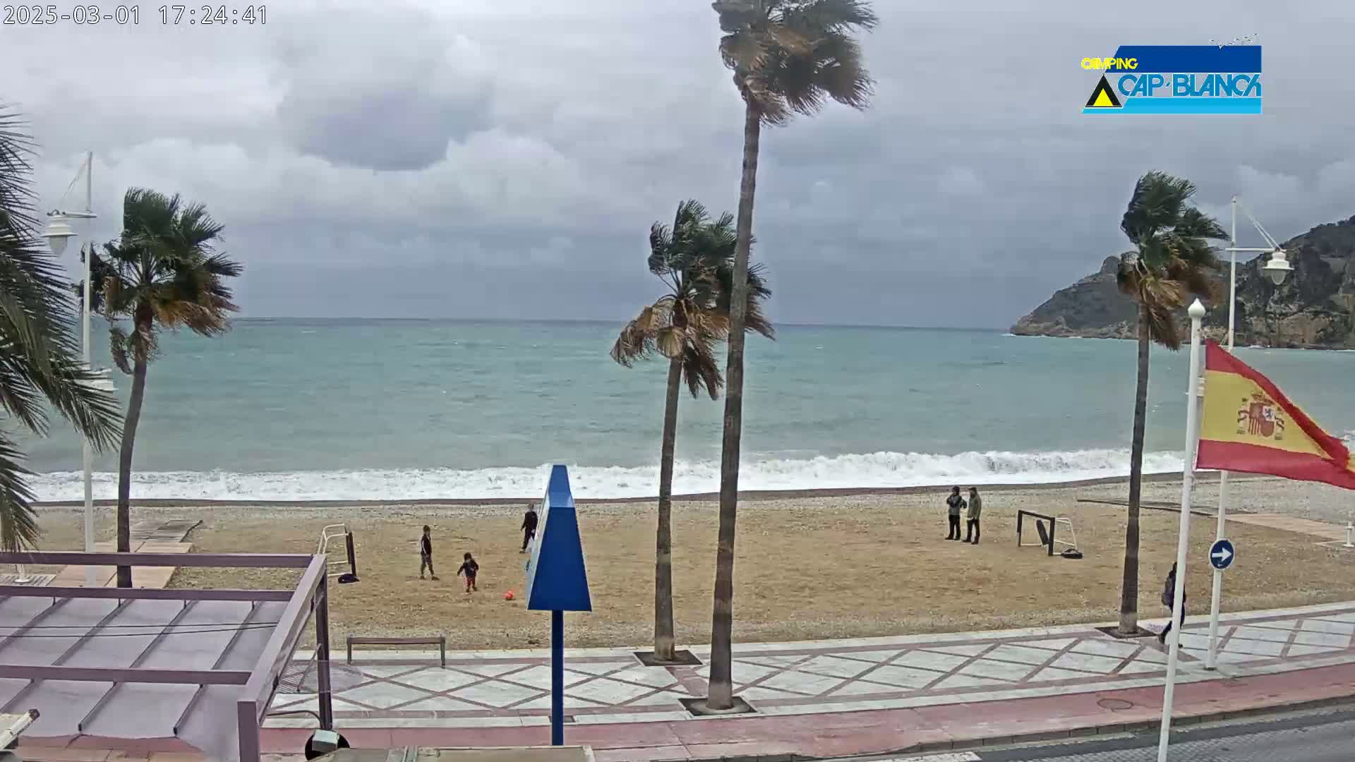 A windy, cloudy day at a beach shows several people on a sandy beach near palm trees and a calm sea with small waves.