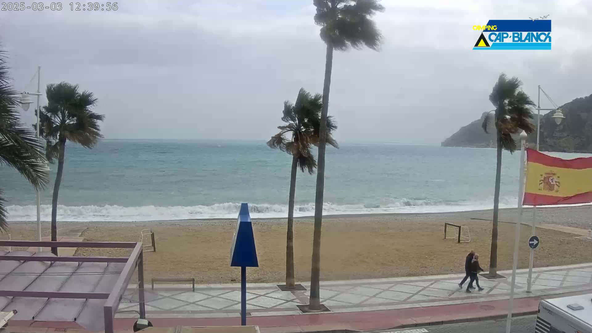 A windy, overcast day at a beach shows palm trees bending in the wind, waves breaking on a sandy shore, and two people walking along a paved walkway.