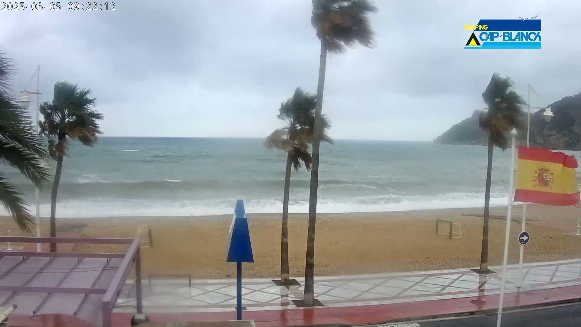 A windy, overcast day at a beach shows palm trees bending in the wind, waves crashing on the shore, and a Spanish flag waving near a promenade.