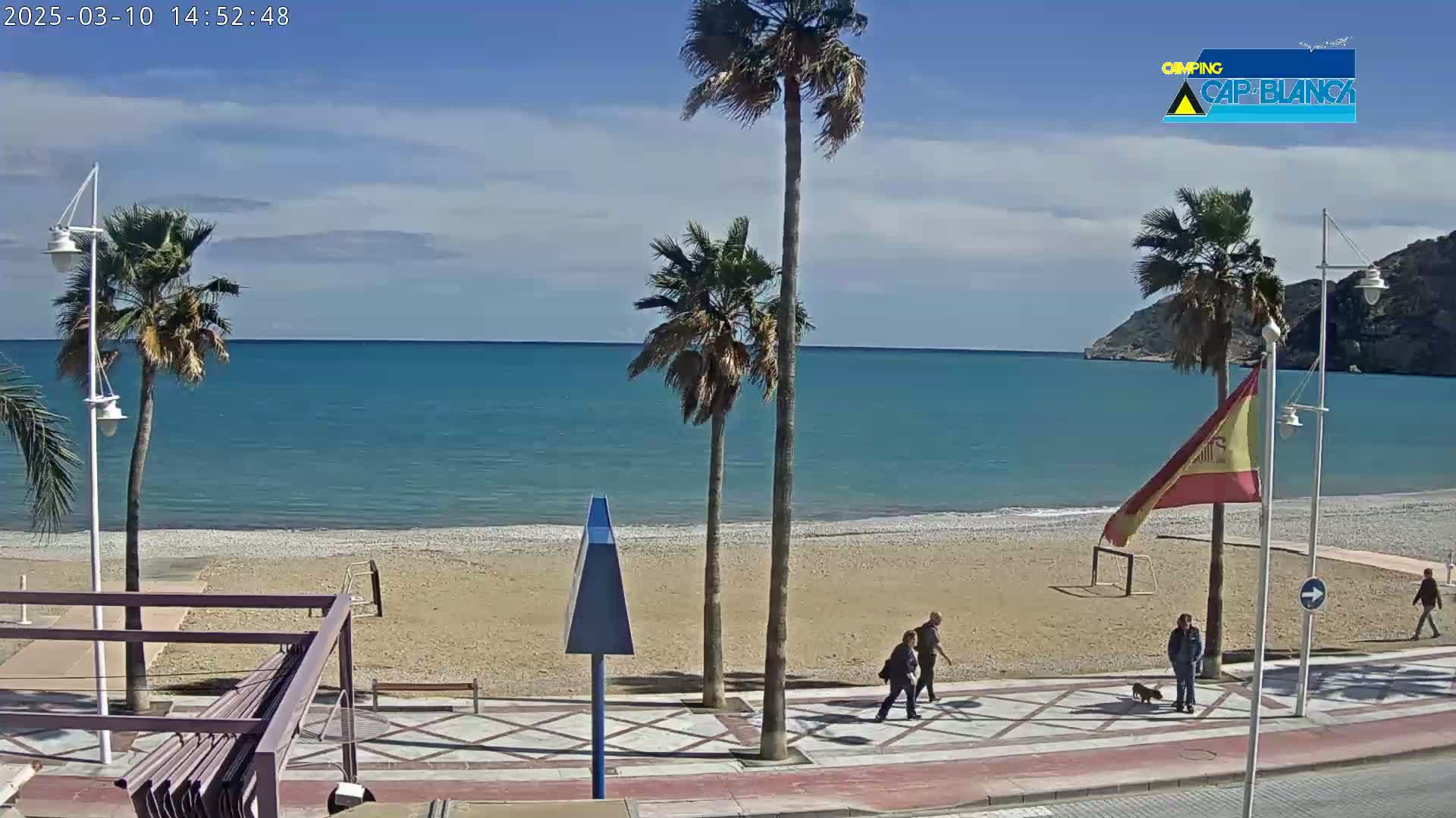 A sandy beach with calm blue water, palm trees, and a few people walking along a paved walkway on a sunny day.