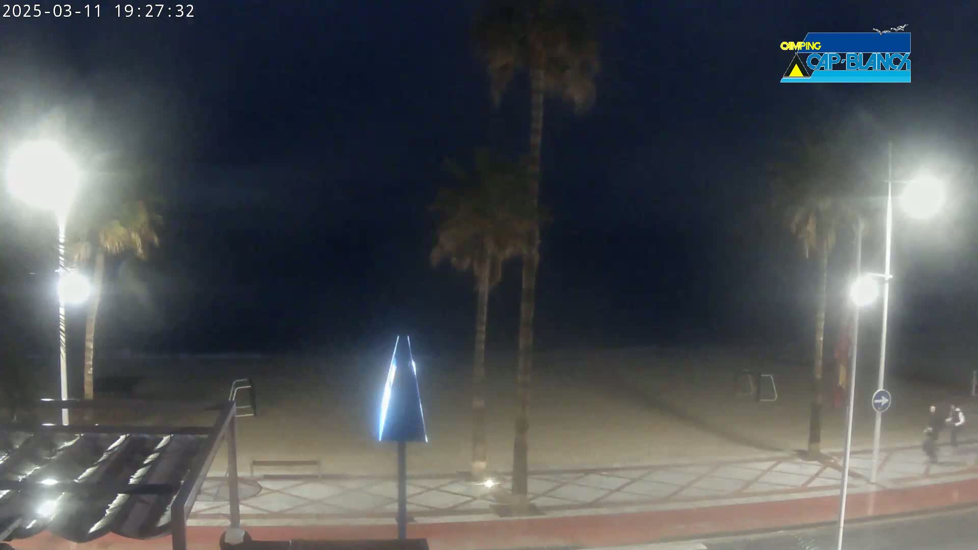 A nighttime view of a beach at night with palm trees, streetlights, and a few people visible in the distance under a dark, cloudy sky.