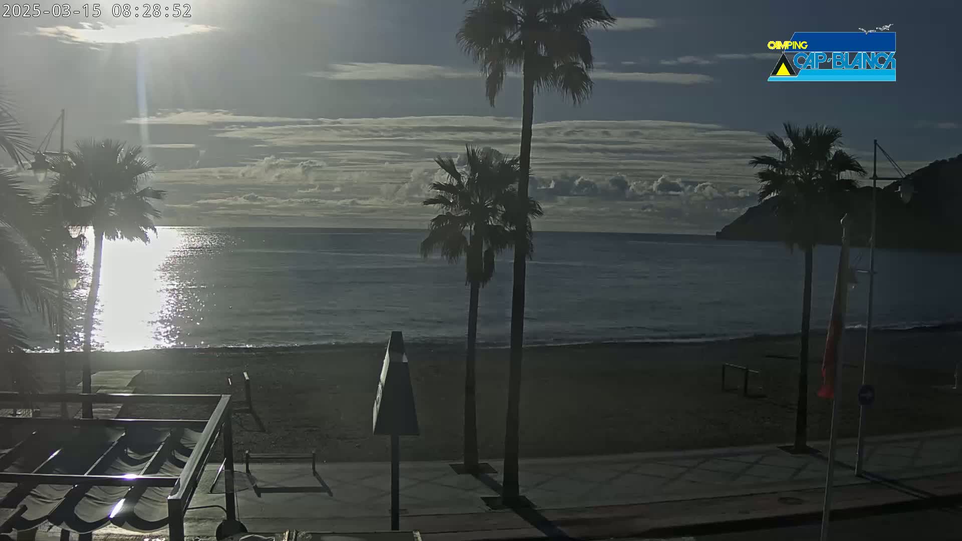A sandy beach with palm trees is visible, next to a calm, sunlit ocean under a mostly cloudy sky.