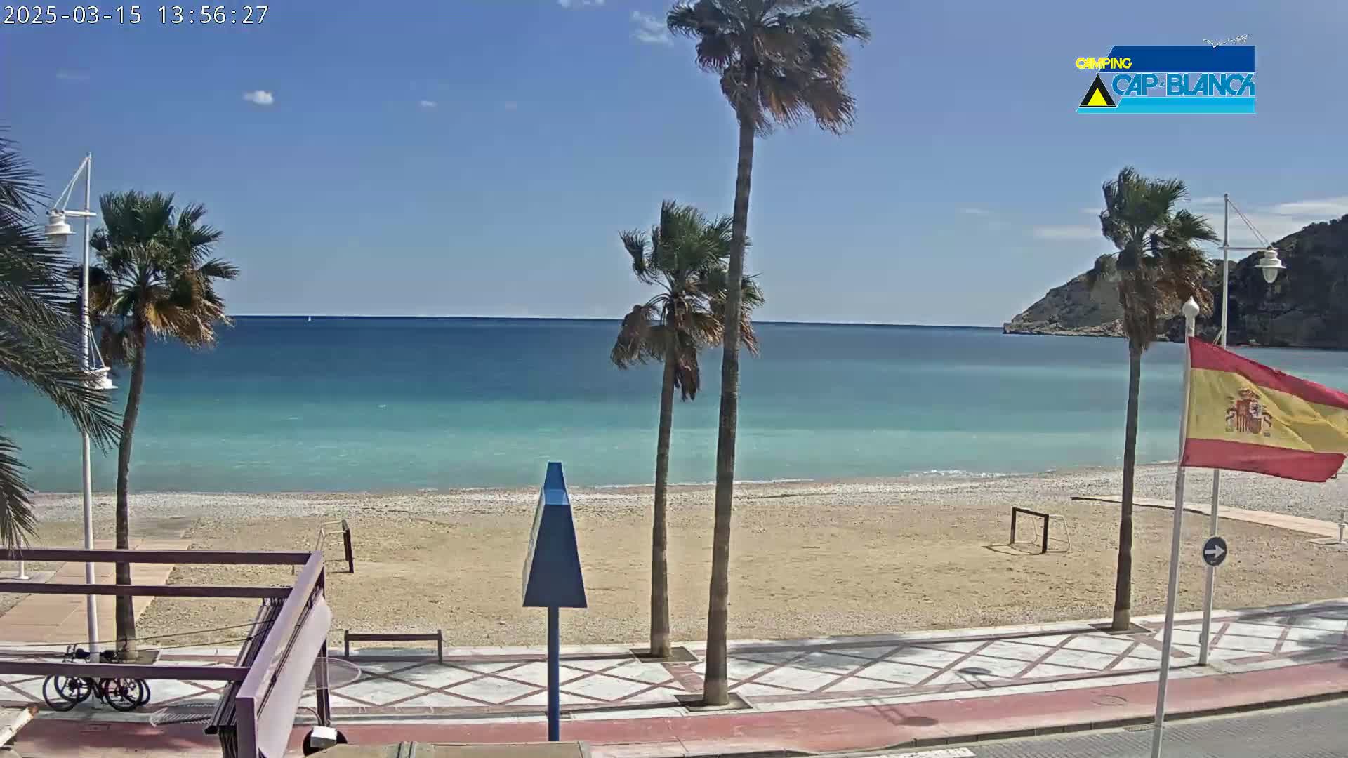 A sandy beach with palm trees and a calm, turquoise ocean under a clear blue sky is seen from a slightly elevated vantage point.