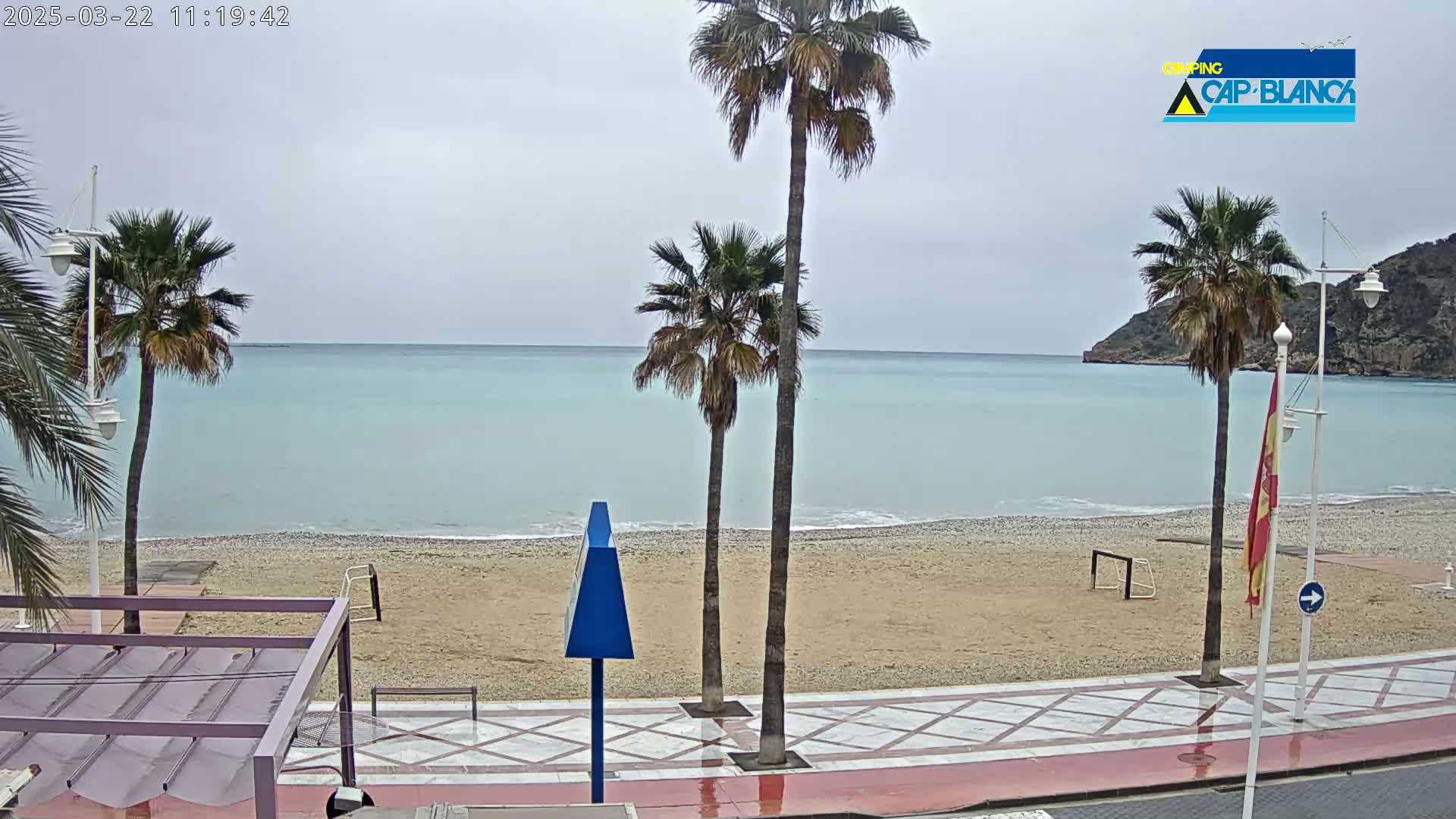 A sandy beach with calm, light-blue water under an overcast sky is bordered by a paved walkway lined with palm trees.