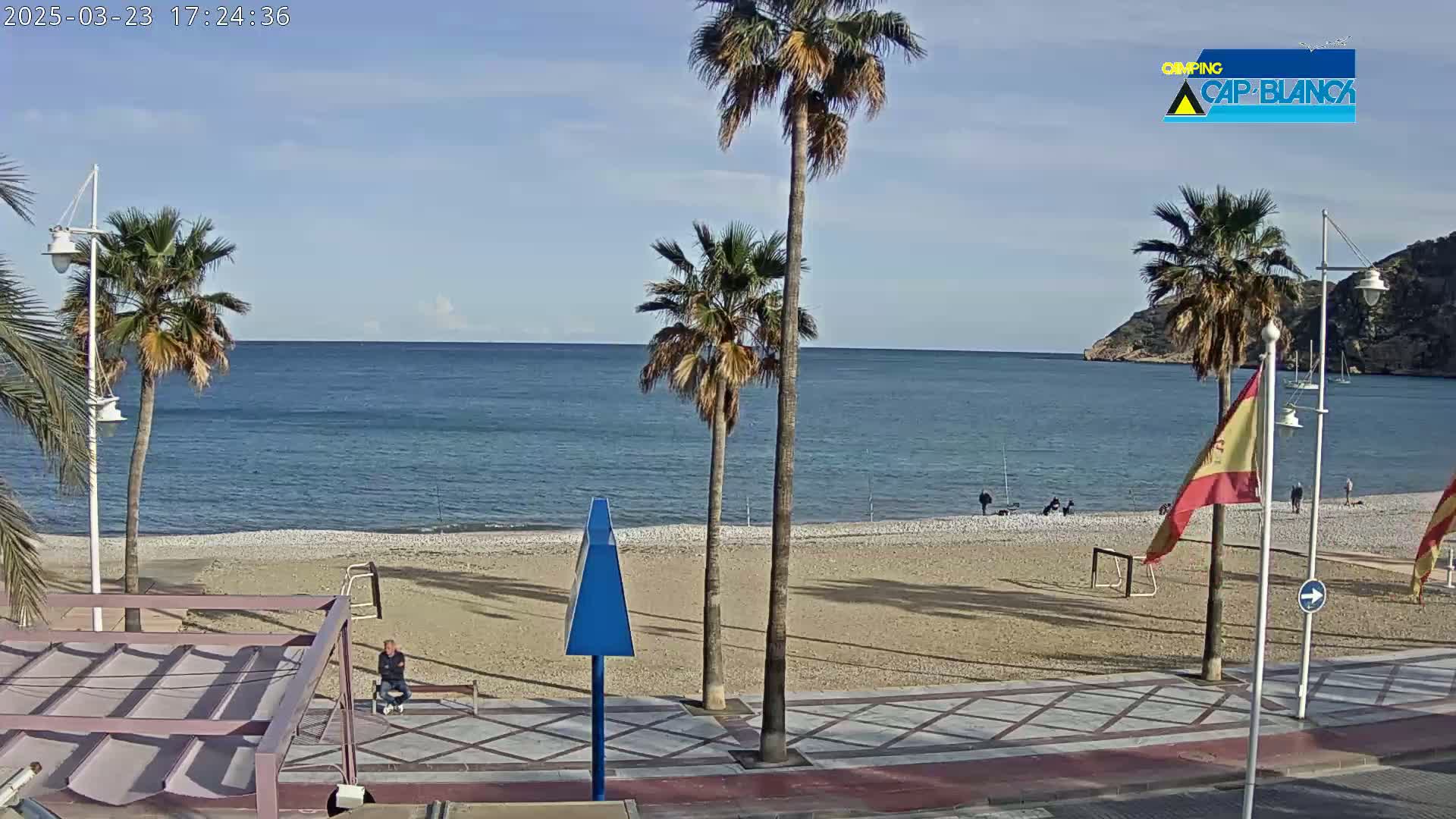 A mostly sunny day at a beach with calm water, palm trees, and a few people on the sand.