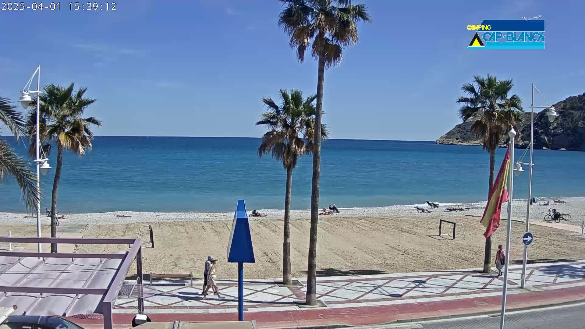 A sandy beach with a few people on it borders a calm, blue sea under a clear, sunny sky; palm trees line the shore.