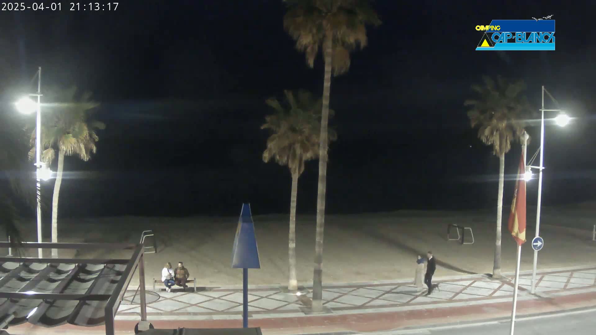 At night, a mostly empty beach is bordered by a paved walkway with palm trees and streetlights, where a few people are walking and sitting.