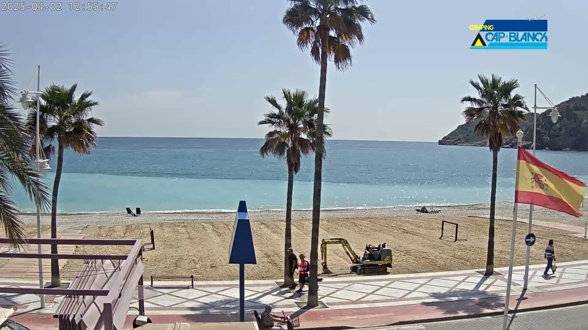 A sandy beach with palm trees and a calm, light-blue sea under a mostly clear sky is shown, with a small excavator on the beach near a paved walkway.