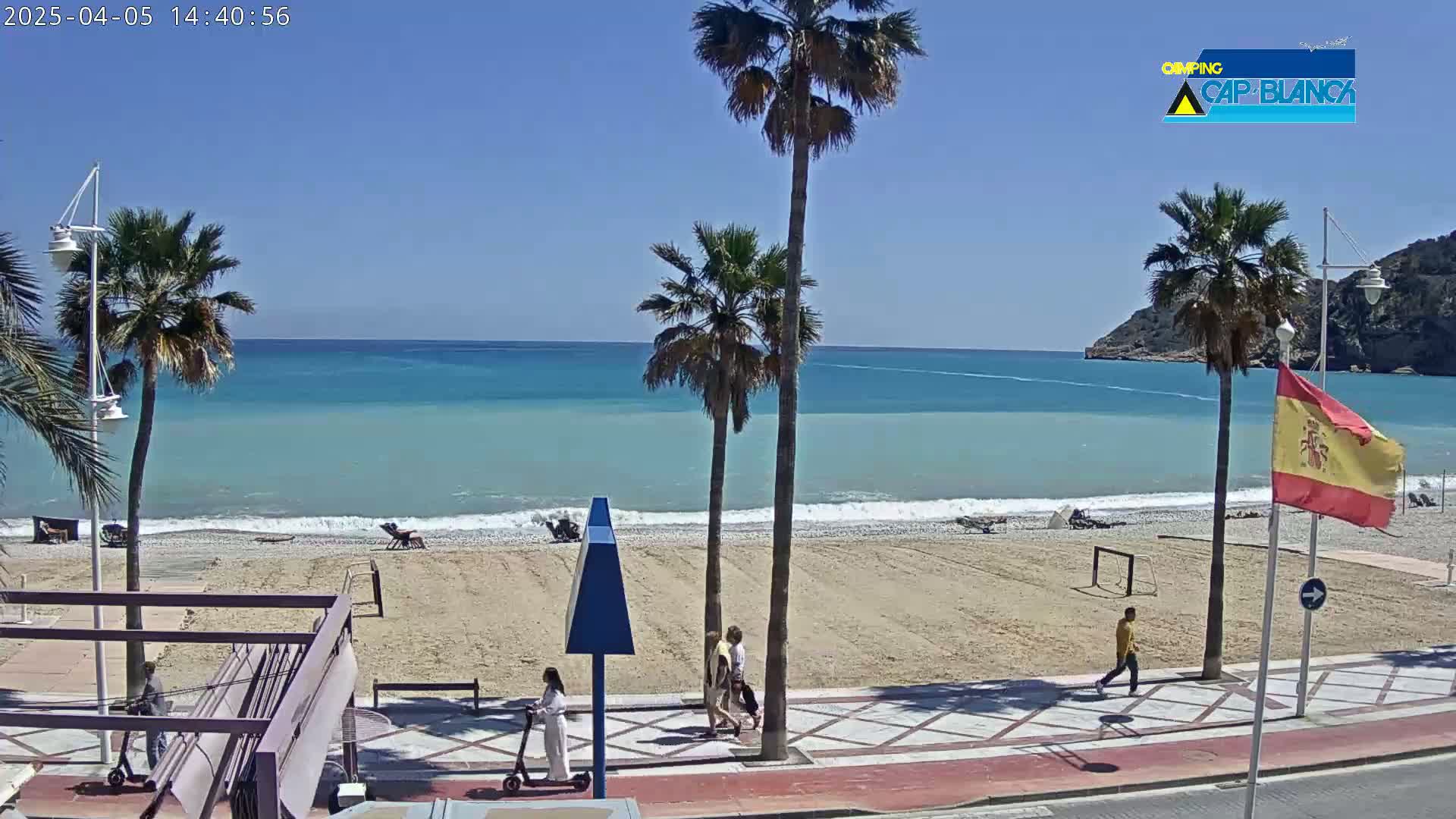 A sunny beach scene shows a calm, light-blue ocean with small waves lapping a sandy shore, palm trees lining a paved walkway where several people stroll, and a Spanish flag waving in the breeze.