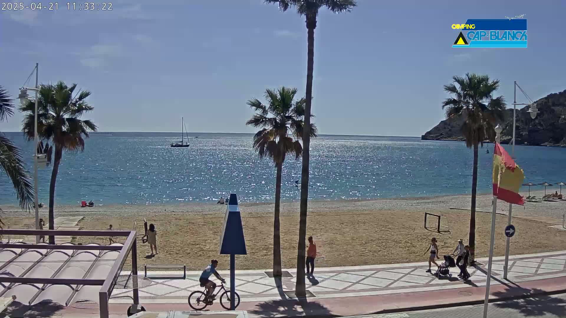 A sandy beach with calm, blue water is bordered by a paved walkway lined with palm trees, where several people are strolling, bicycling, and sitting; the sky is clear and sunny.