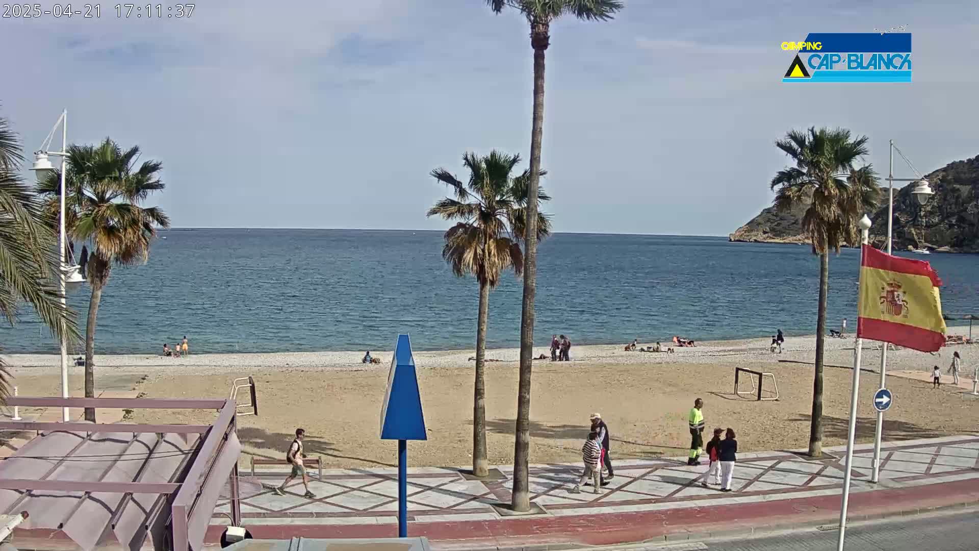 A sandy beach with palm trees and a few people is visible along a calm ocean under a clear sky.