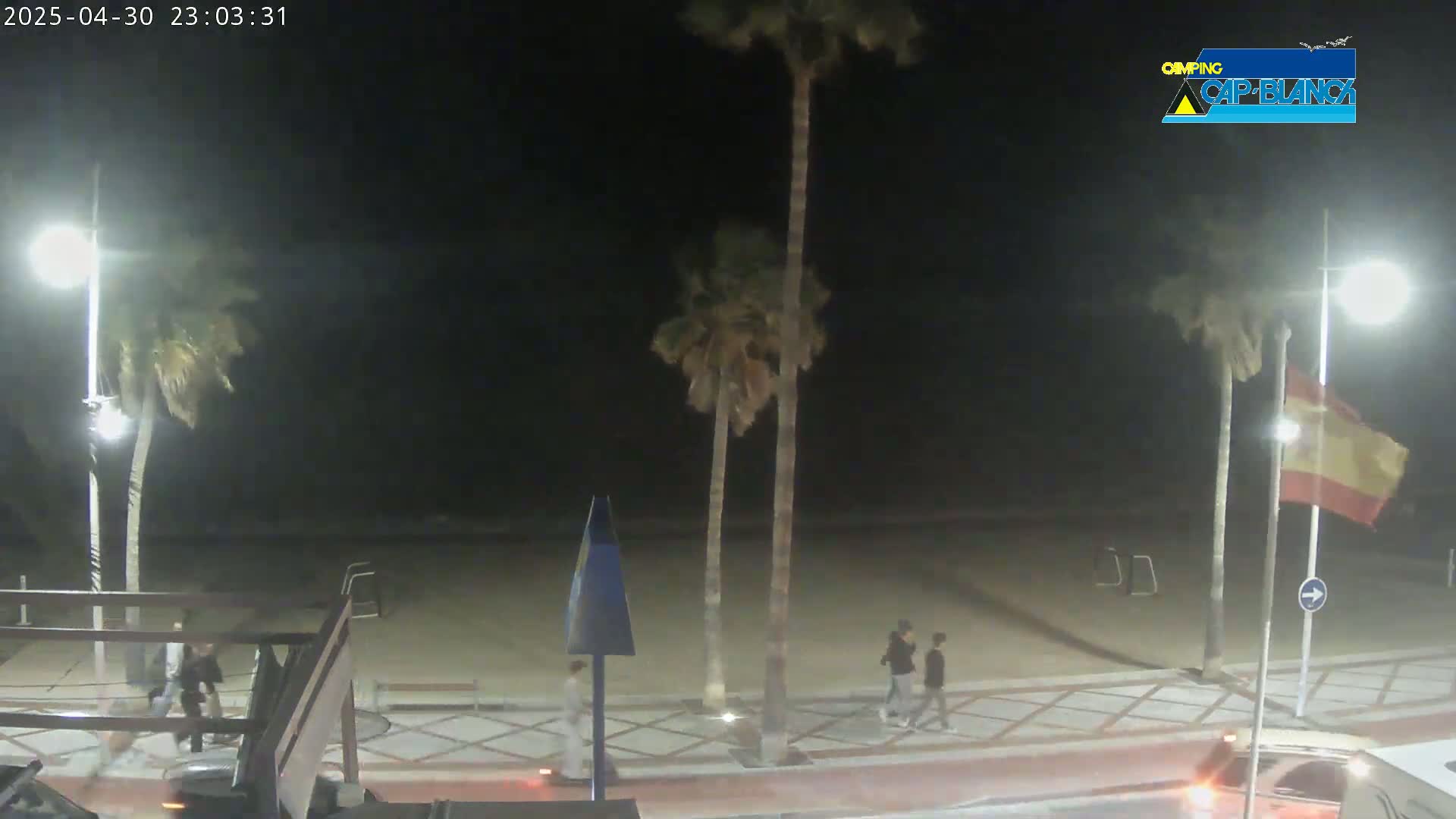 At night, several people walk along a paved beachfront path near palm trees under partly cloudy skies with a slight breeze.