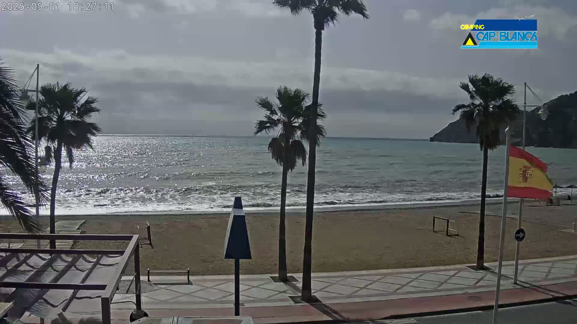 A sandy beach with palm trees and a calm sea under a partly cloudy sky.