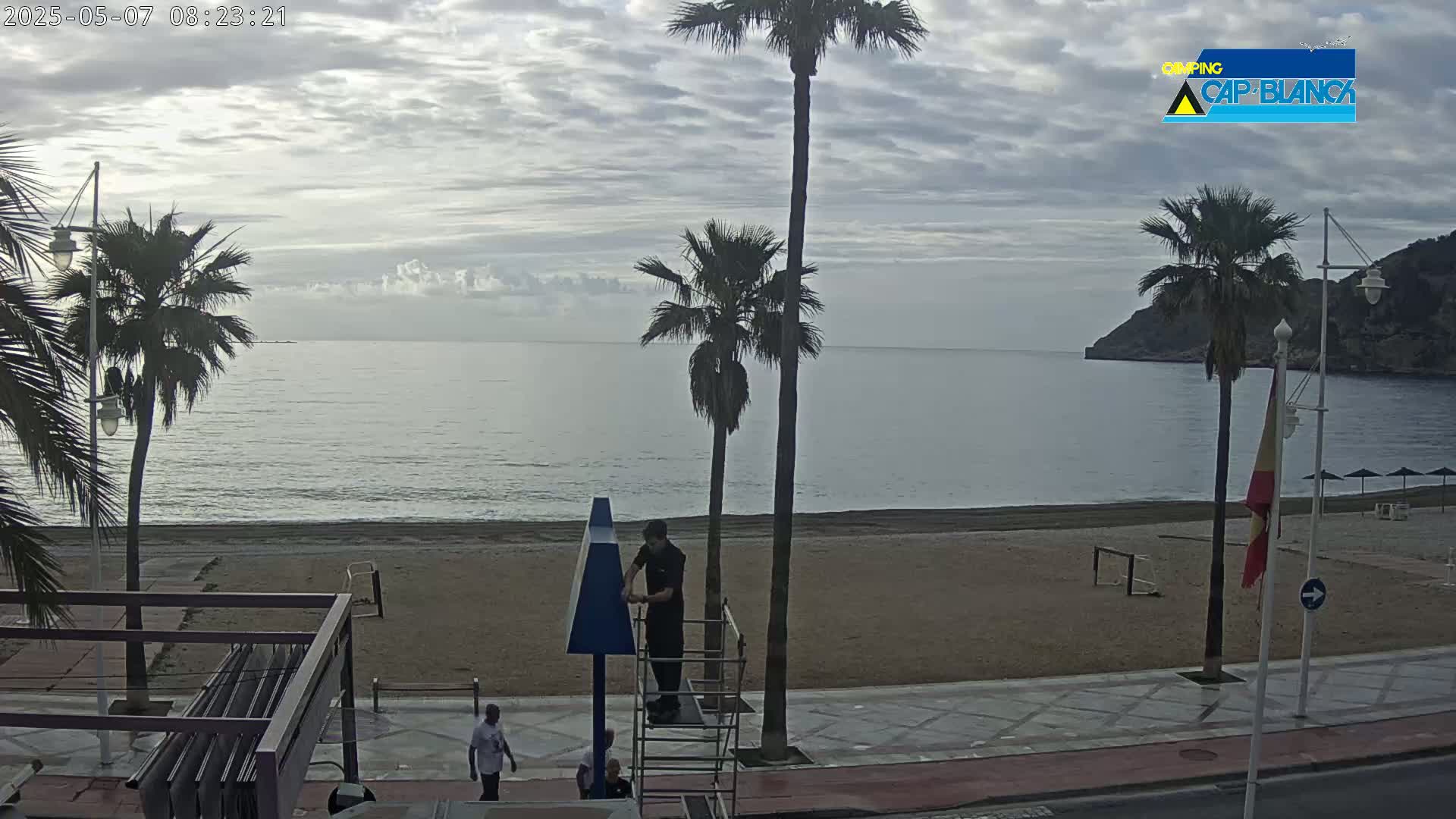 A sandy beach with palm trees is visible under an overcast sky, with a calm ocean in the background and several people walking near the shore.