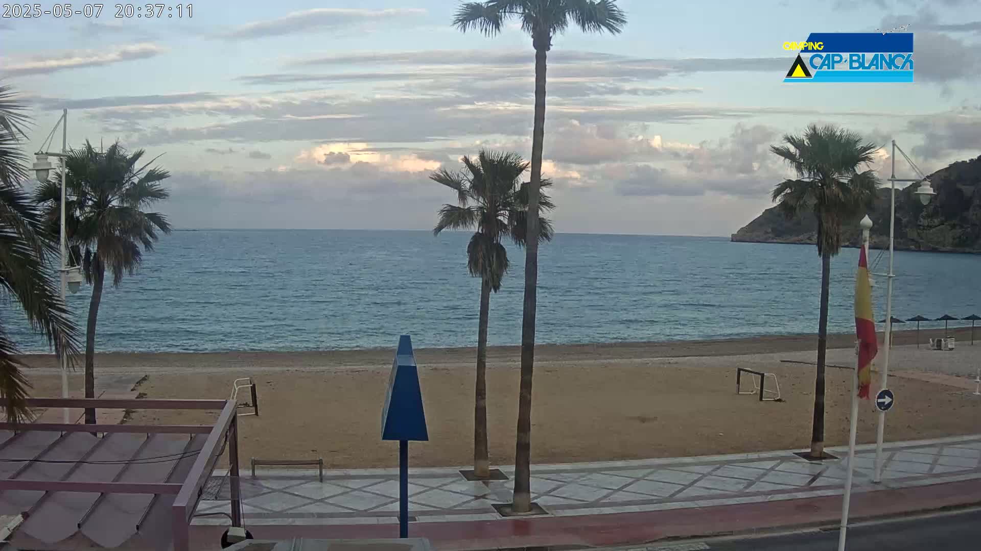 A sandy beach with palm trees and a calm sea under a partly cloudy sky is seen from a high vantage point.
