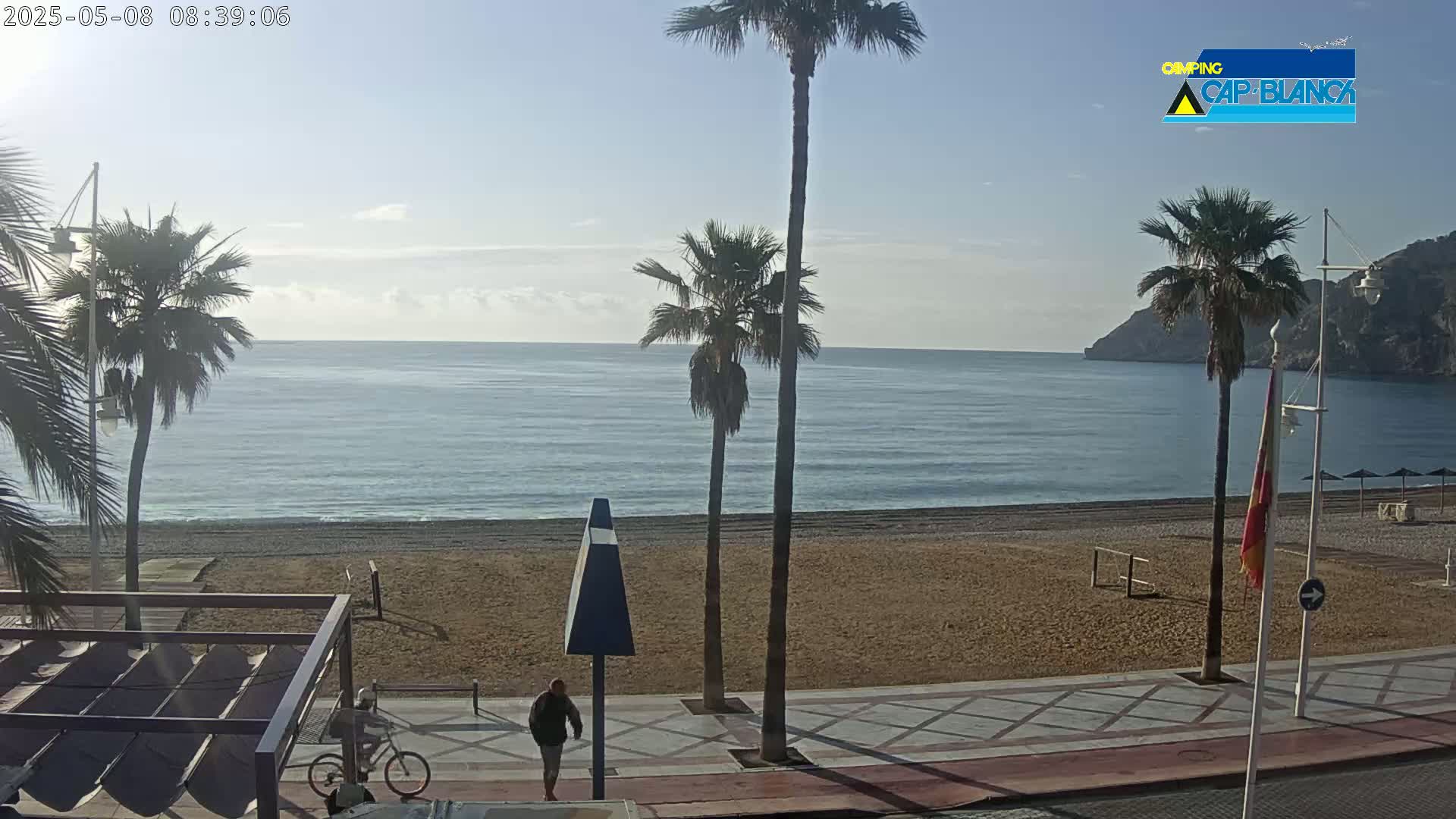 A sandy beach with calm ocean water under a mostly clear sky, palm trees, and a person walking along a paved walkway.