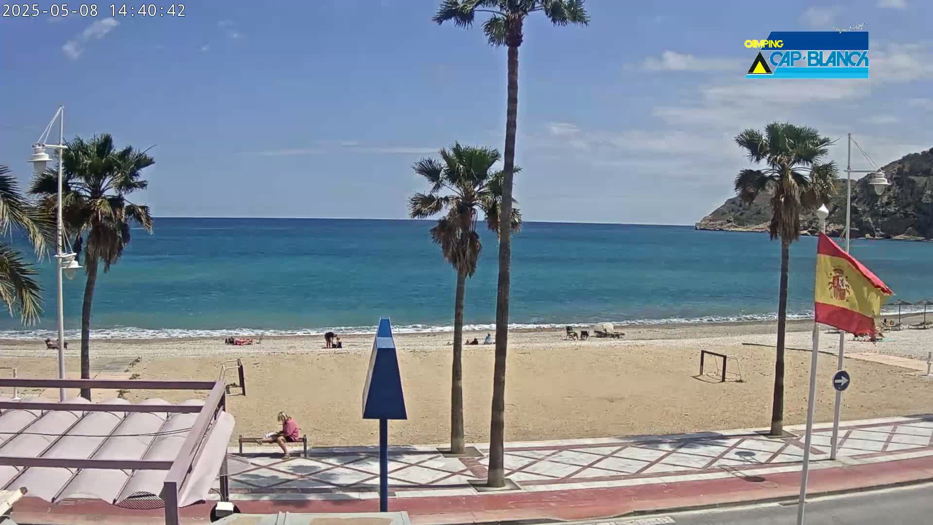 A sandy beach with a few people on it is bordered by palm trees and a paved walkway, overlooking a calm, turquoise ocean under a sunny sky.