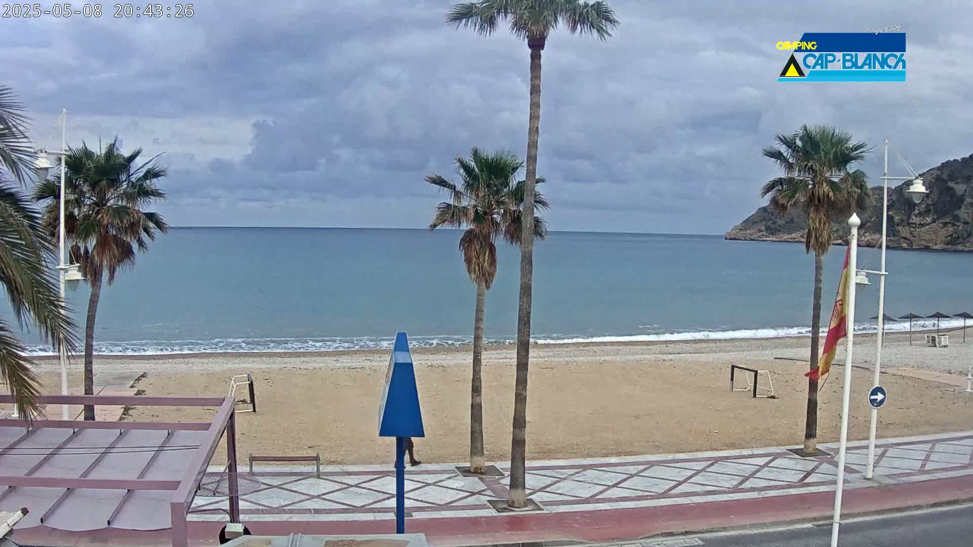 A sandy beach with palm trees and a calm sea under a cloudy sky is seen from a seaside promenade.