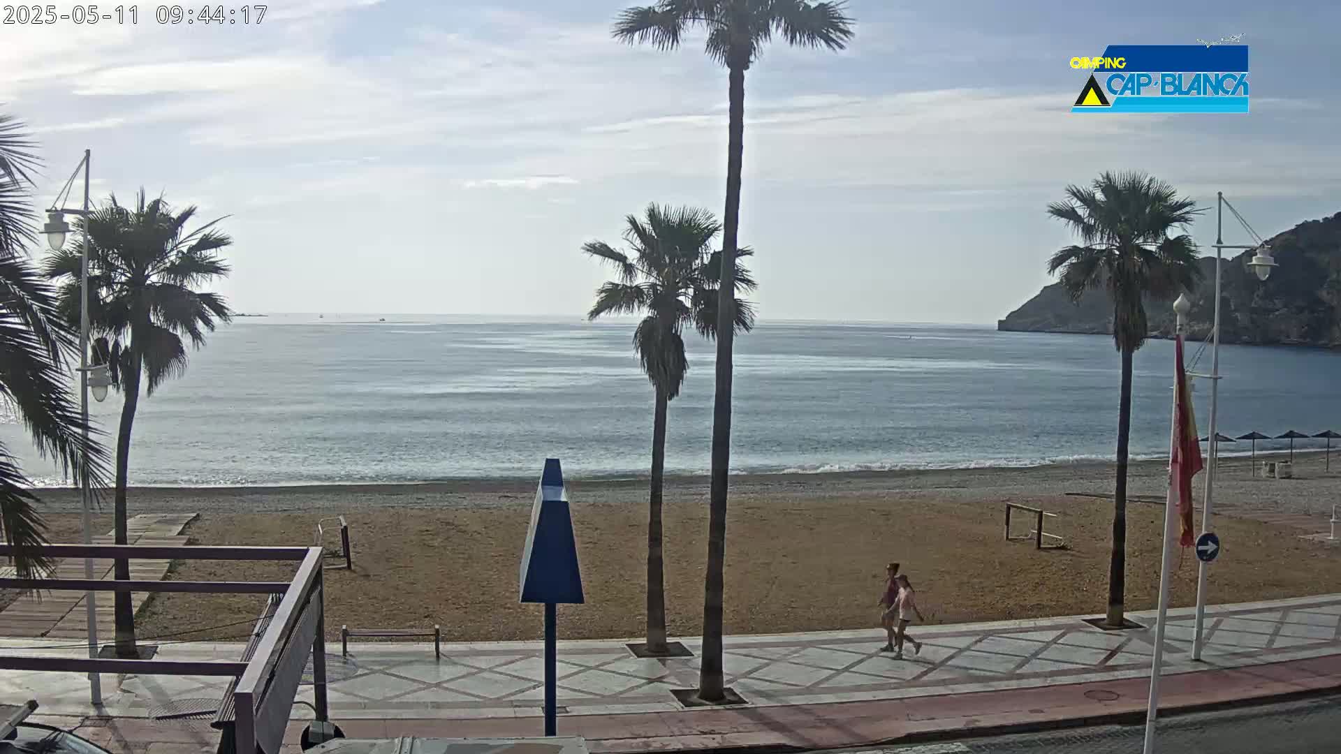 A sandy beach with palm trees and a calm ocean under a partly cloudy sky is viewed from a boardwalk where two people are walking.