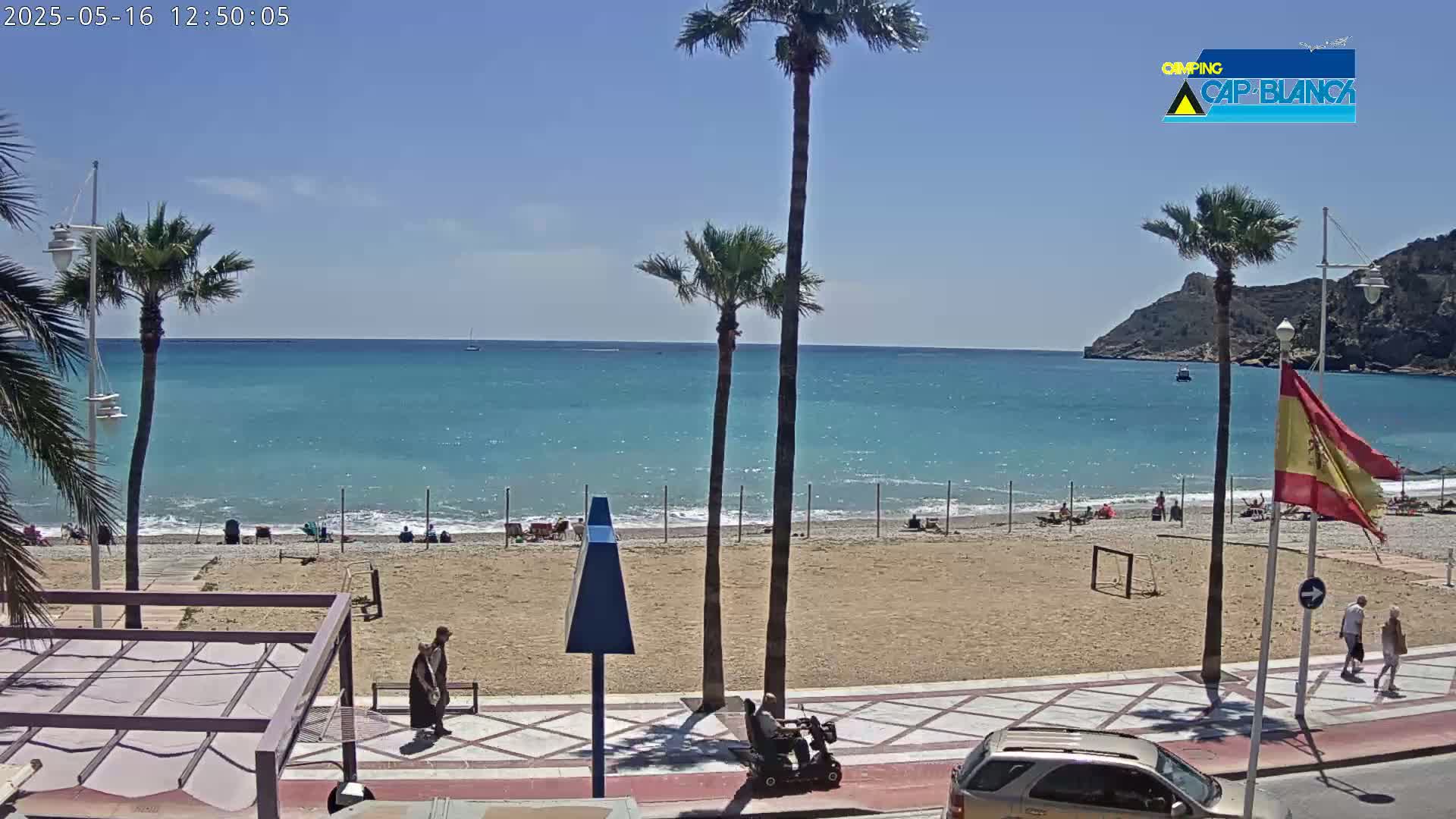 A sunny beach scene shows a sandy beach with a few people, palm trees, and a calm turquoise ocean under a clear blue sky.