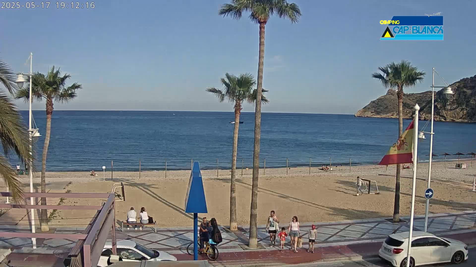 A sandy beach with palm trees and a calm ocean under a clear blue sky is viewed from a seaside promenade where several people are walking.