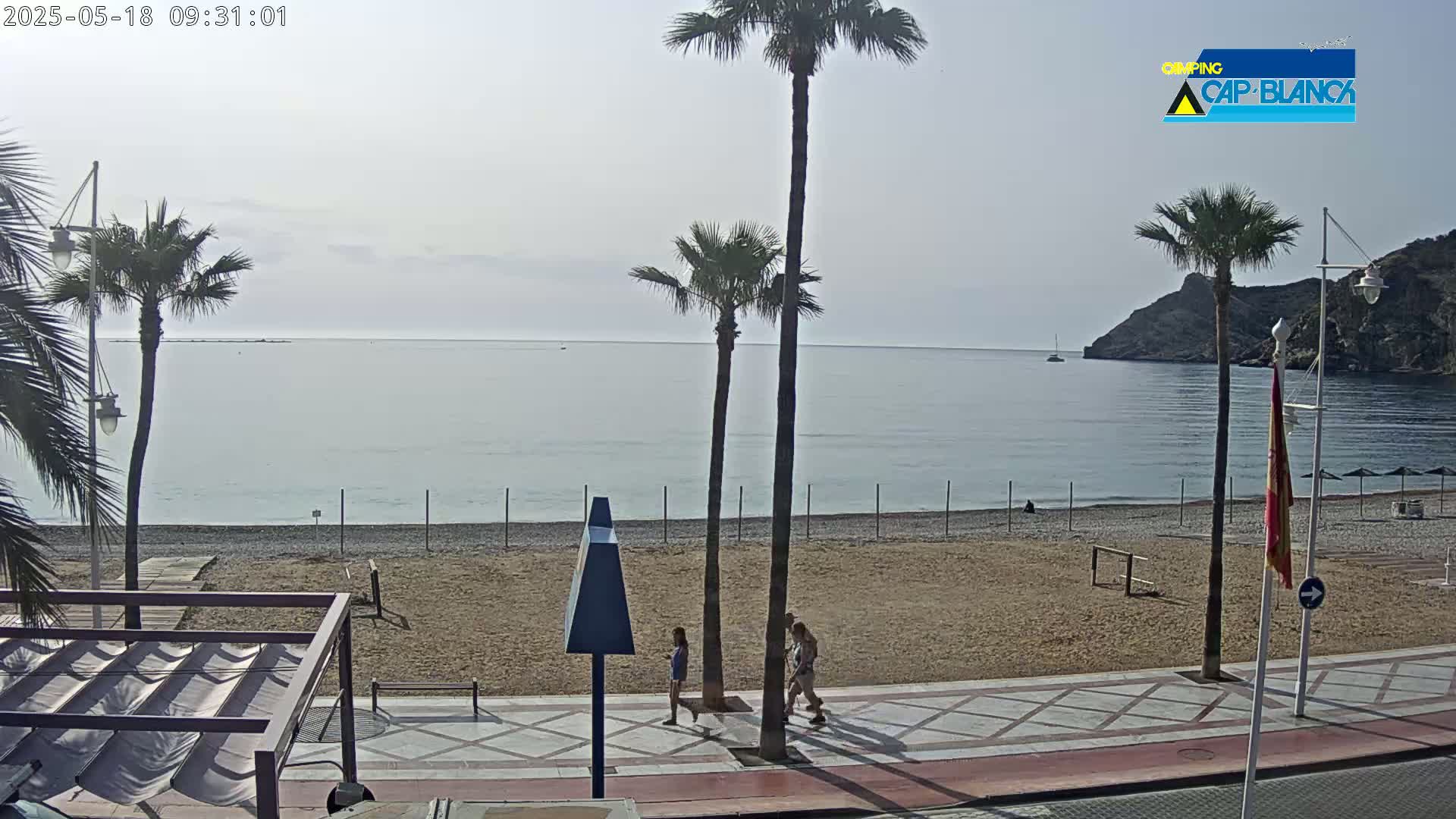 A mostly sunny beach scene shows a calm sea with a few people walking along a paved walkway next to a sandy beach lined with palm trees.