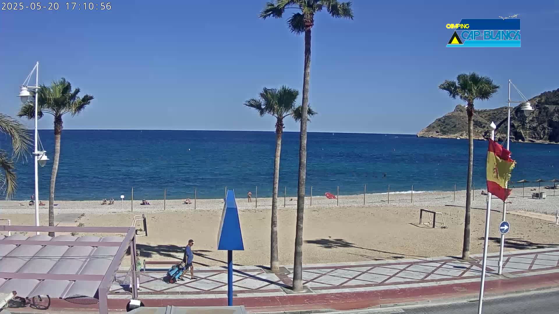 A sandy beach with a few people on it stretches along a calm blue ocean under a clear blue sky, with palm trees and a paved walkway in the foreground.