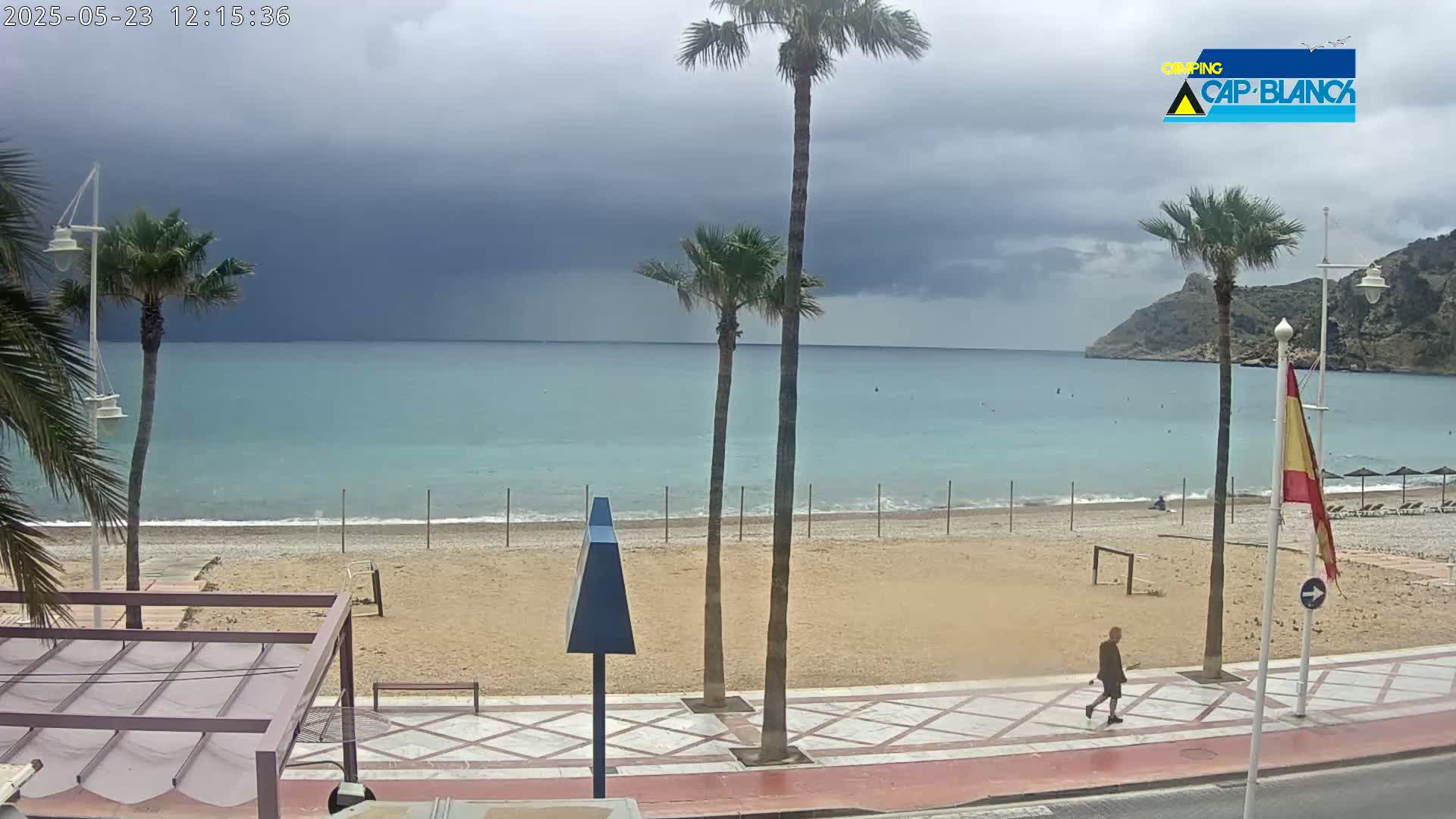 A sandy beach with palm trees and a person walking along a promenade under a dark, cloudy sky, overlooking a calm sea.