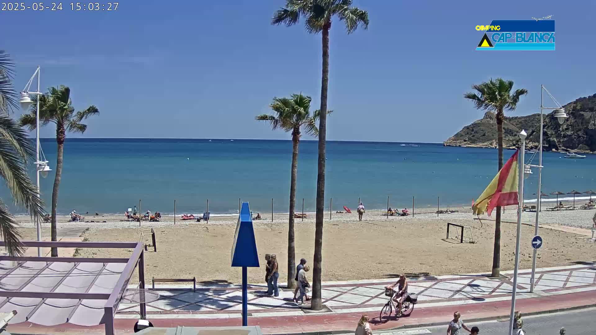 A sandy beach with a few people on it is bordered by a paved walkway, palm trees, and a calm, blue ocean under a clear, sunny sky.