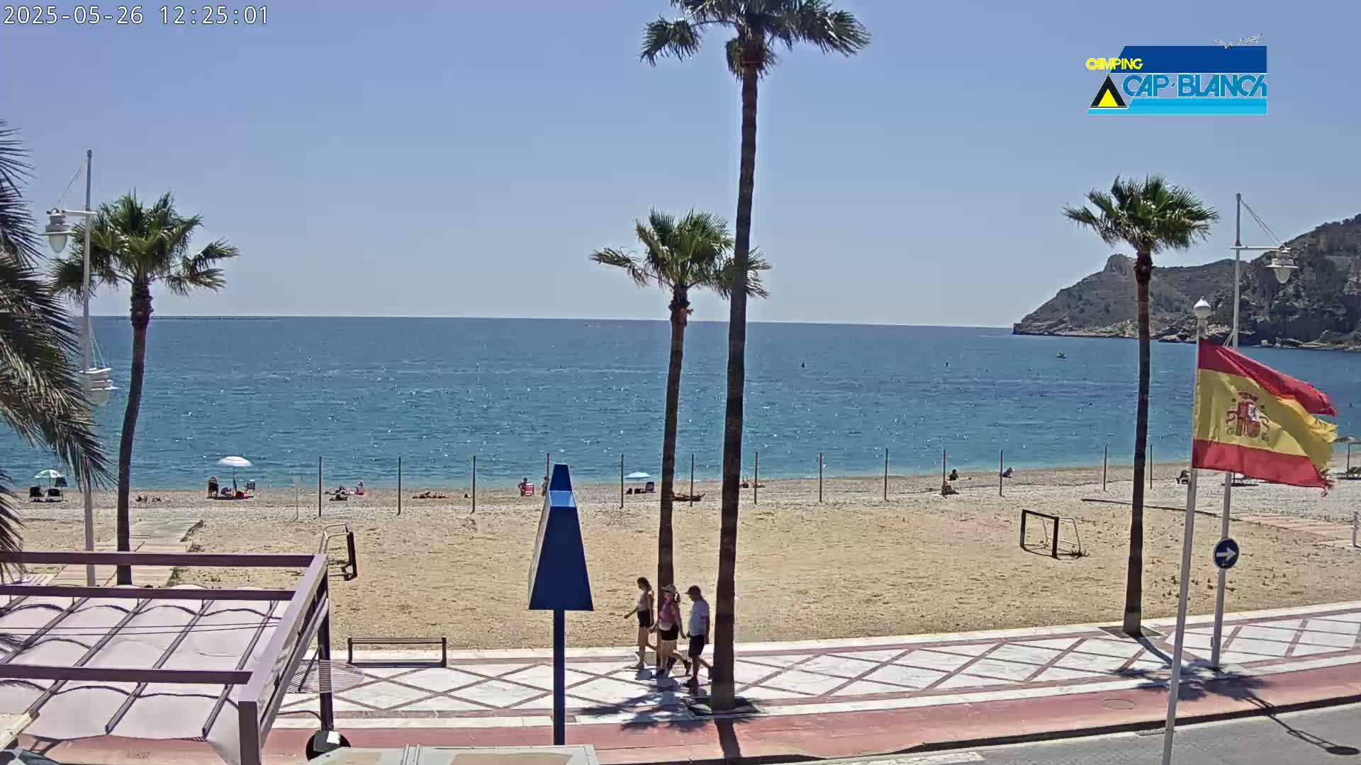 A sandy beach with palm trees and a few people on a sunny day, overlooks a calm blue sea and a rocky headland in the distance.