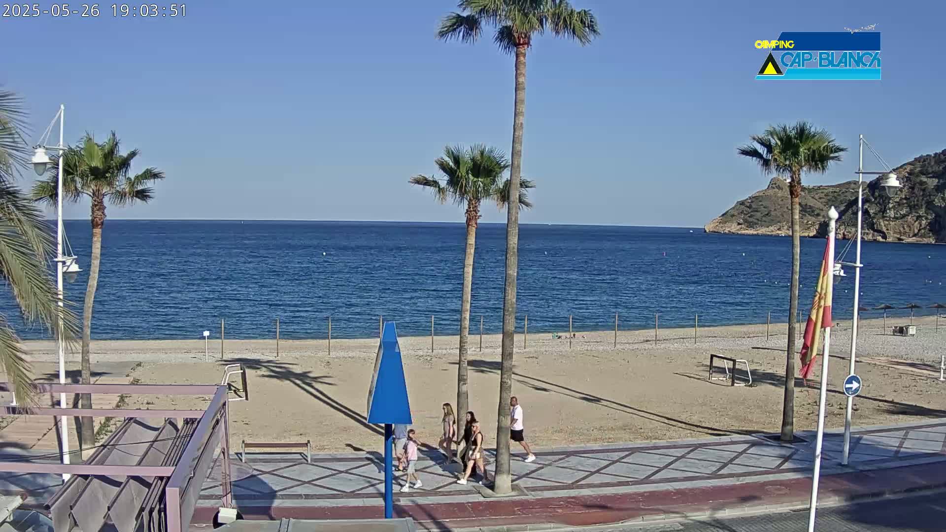 A sunny beach scene shows a calm blue sea, sandy shore, palm trees, and a few people walking along a paved walkway.
