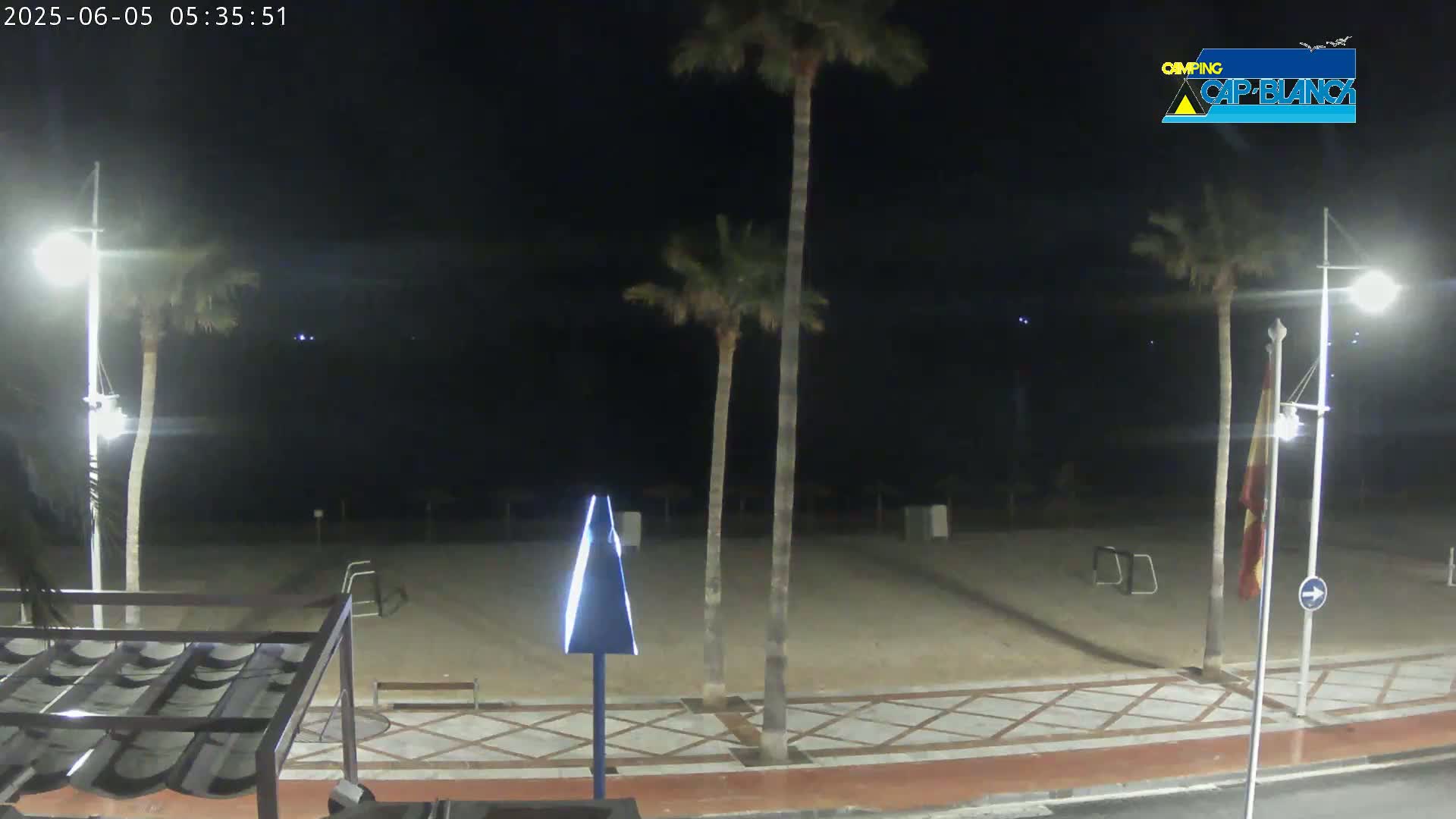 A nighttime view of a beach promenade with palm trees, streetlights, and a mostly empty sandy beach under a dark sky.