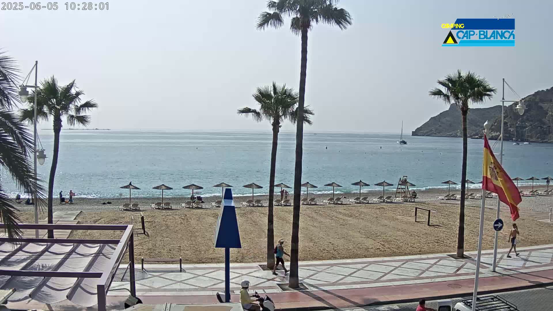A sandy beach with beach umbrellas and lounge chairs sits next to a calm, blue ocean under a mostly clear sky, with palm trees and a promenade visible.