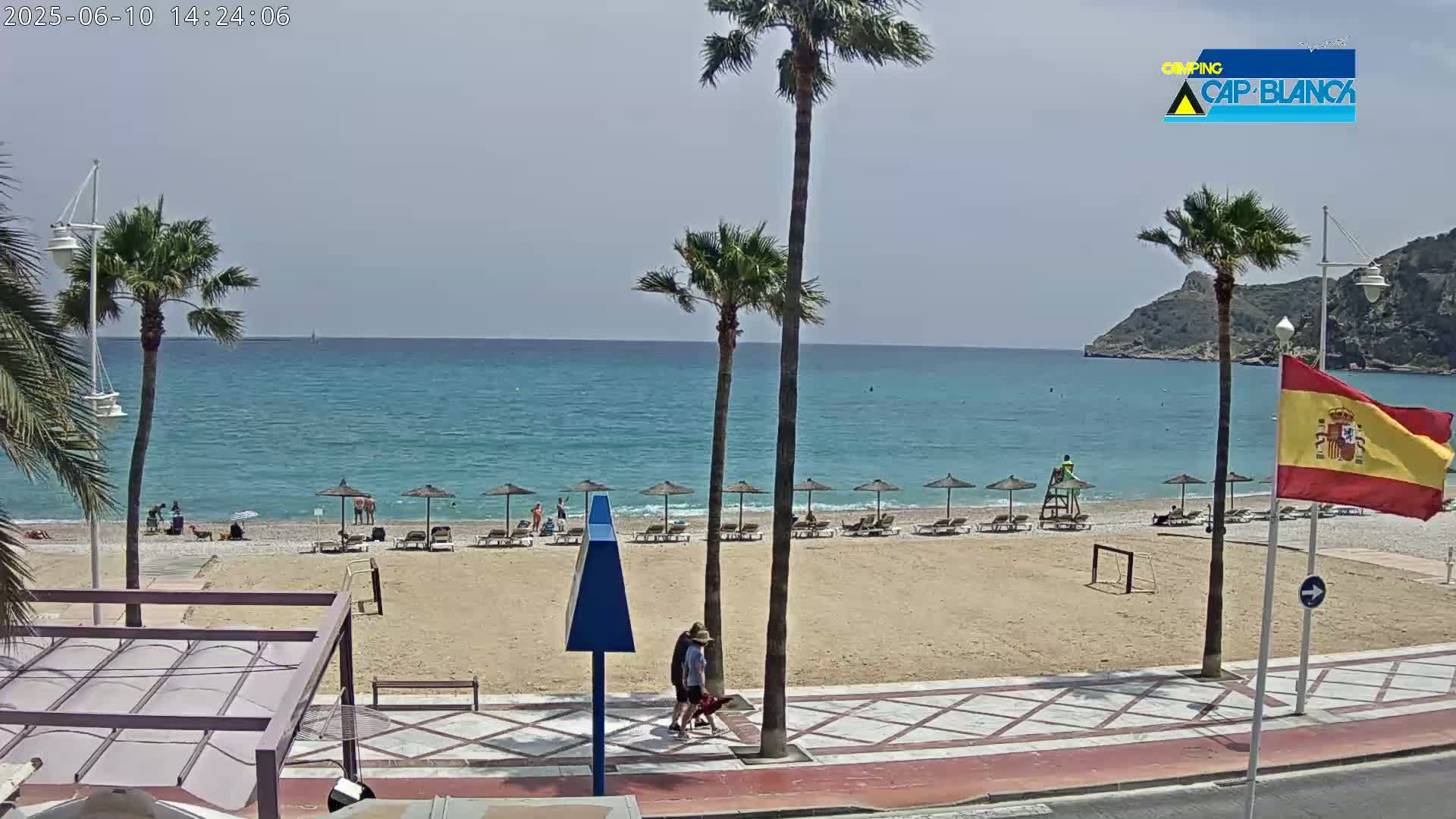 A sandy beach with palm trees, beach umbrellas, and lounge chairs lines a clear blue ocean under a sunny sky, with a Spanish flag standing nearby.
