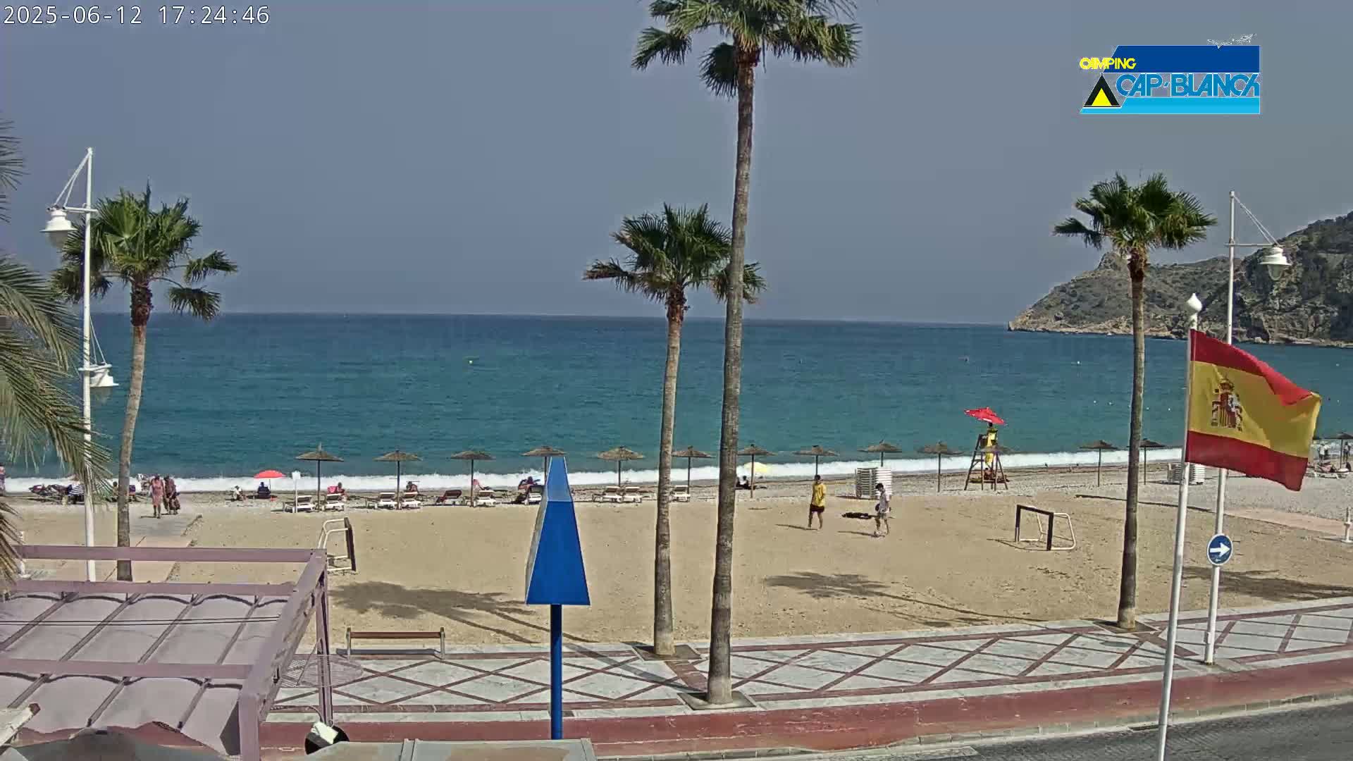 A sandy beach with palm trees, several beach umbrellas, and a few people, sits next to a calm, blue ocean on a sunny day.