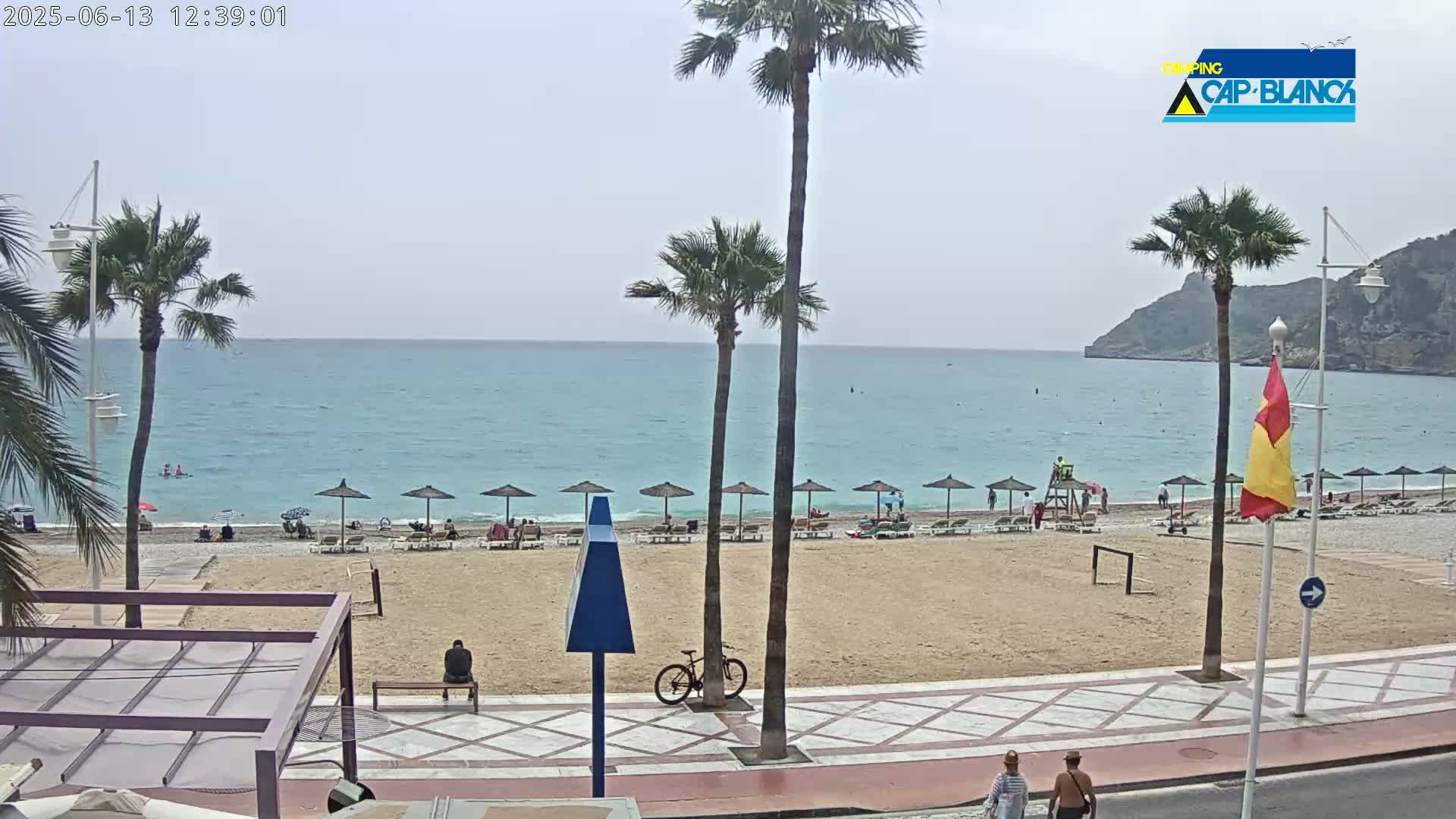 A sandy beach with people relaxing under umbrellas, palm trees lining the shore, and a calm, light-blue sea under a mostly cloudy sky.